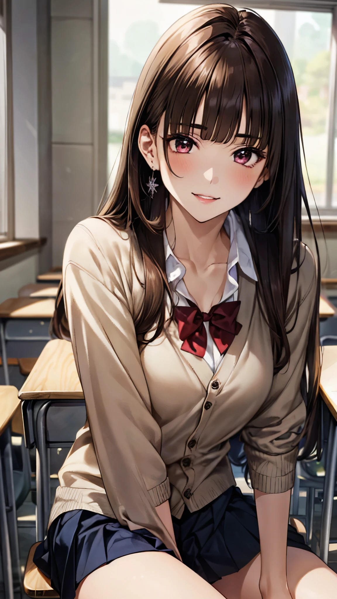 ((masutepiece, Best Quality, hight resolution, nffsw, Perfect Pixel, 4K, nffsw, nffsw))), 1girl in, Single, Solo, Beautie、full body seen、 ((Middle Wave Hair, Bangs, Brown hair)), ((Brown-eyed, Beautiful eyelashes, Realistic eyes)), ((Detailed face, Blushing:1.2)), ((Smooth texture:0.75, Realistic texture:0.65, Photorealistic:1.1, Anime CG style)), medium breasts, Dynamic Angle, Perfect body, ((red bowtie, School uniform, Black jacket, Open jacket, Brown cardigan, White shirt, Black skirt, plaid skirts、I'm not wearing shoes、White Sox)), Classrooms without people、Sit on a desk、Lower&#39;I took my foot off the desk...、early evening、、((Angle looking up from below))、Very embarrassing panic smile、(Lift the skirt with both hands、Open both legs、pale yellow floral lace panties)、