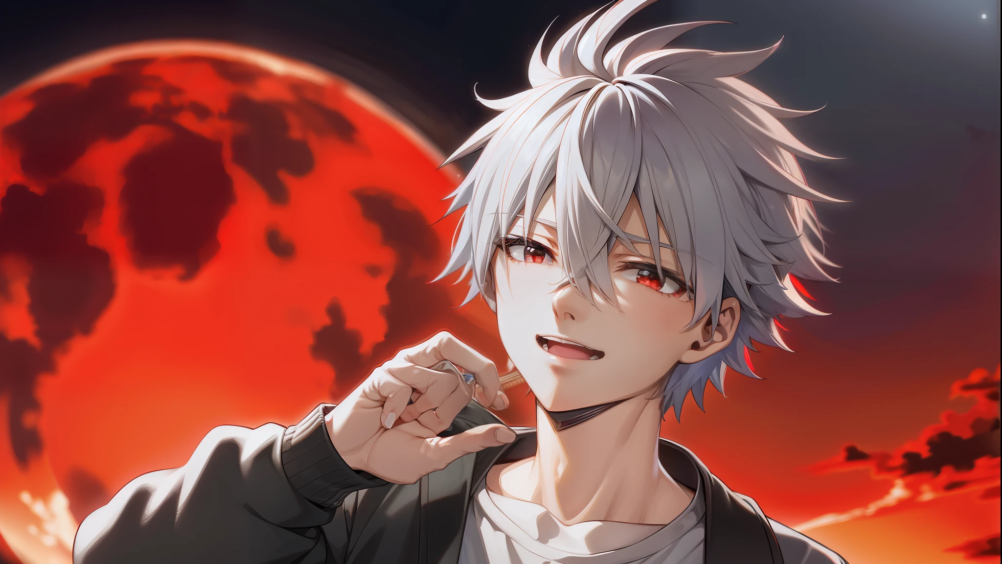 masterpiece,highres,highly detailed,male focus,1boy,独奏,kaworu nagisa, red eyes,grey hair,light smile,,Crimson Moon, Night Sky, dusk