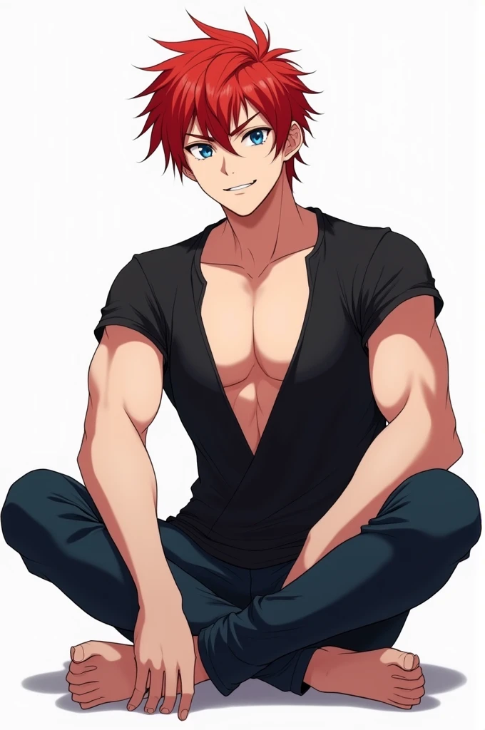 masterpiece, best quality, high quality, 1boy, solo, male focus, shirt off, red hair, gold eyes, open mouth, smile, tied up, showing his penis, long penis, full view, waist.