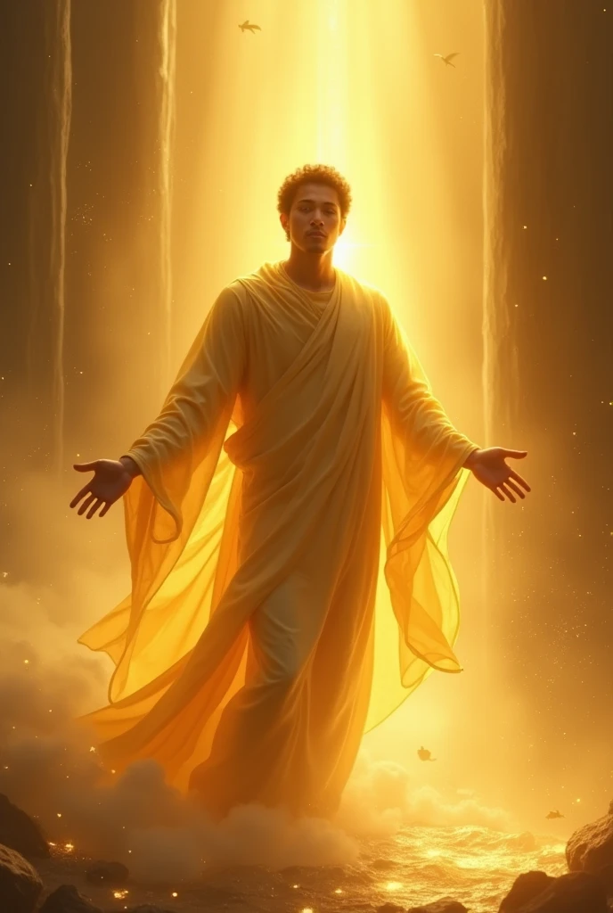 Living up to the light. Make me the same image but of a man receiving the light with his hands up