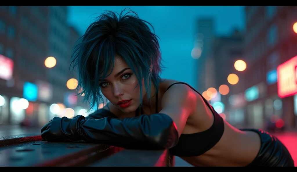 NSFW, naked, nude, Back view, ass pose, naked ass, ((raw photo), absurd, (absurdresolution)), ((full body view)), ((21 years)), beautiful girl, (Short, messy hair with bright neon blue highlights), (((The beauty of: Lisa, laLisa))), (deep gray eyes, seductive look, make up), ((ultra-sharp pupils， Red lipstick, blush)), ((seductive pose)), (((naked full body))), ((dark make up, Digital art, trend in artstation, highly detailed, good detail, Intricate, beautiful detailed glow, detailed, cinematic lighting, High resolution, detailed facial features)), ((Leaning on a riveted steel bridge beam facing the viewer)), (Photographic perspective), vivid, bright colors, (((bottom: dark city at night)))