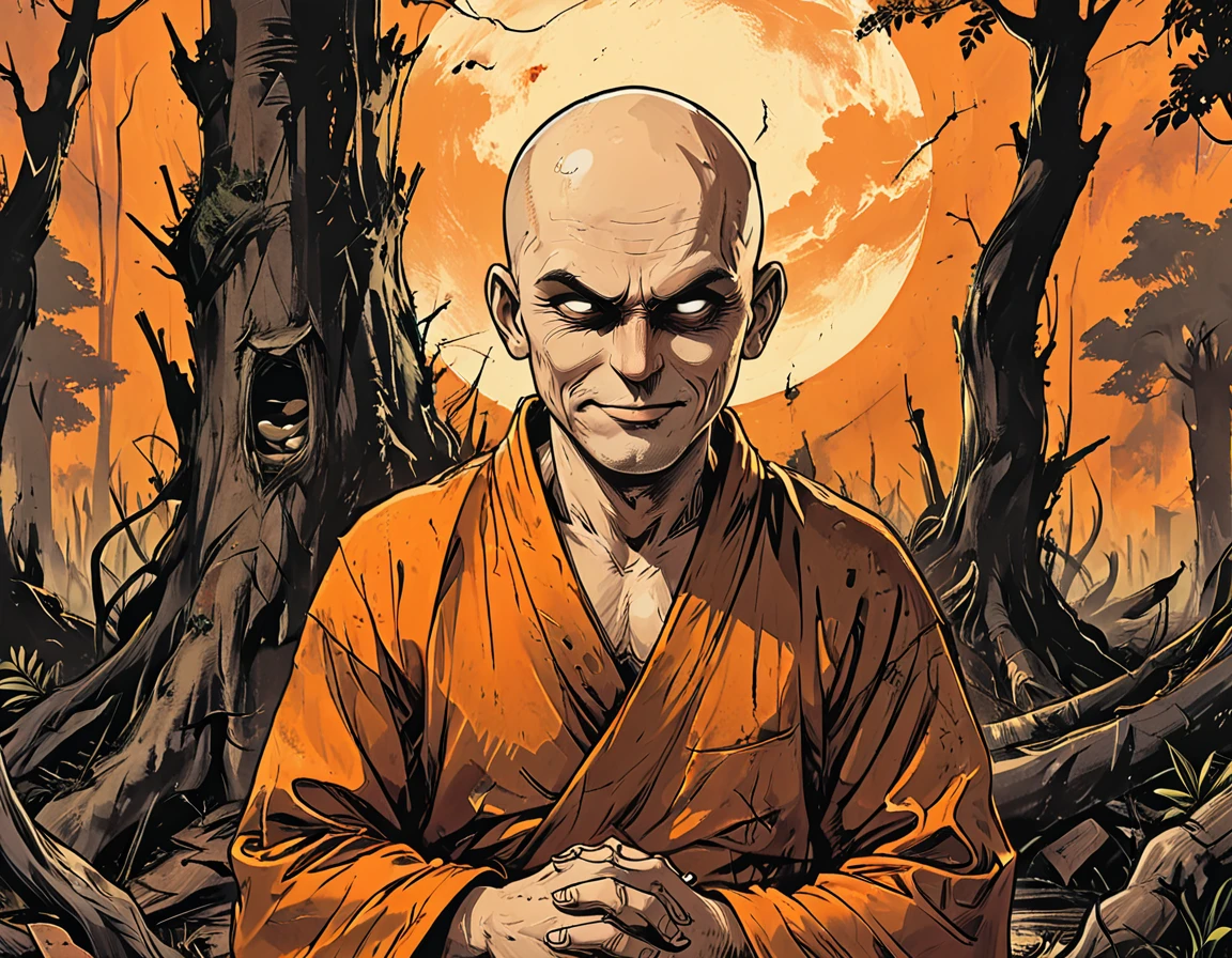 (((angry smile))),((((close-up profile angele portrait man)))),(((open mouth))), lotus pose, ((profile close up portrait man)) blind Buddhist monk sitting  in a lotus pose in dead forest, forest after a fire, black dead trees, no leaves, round face, white eyes, no eyebrows, no hair, bald, paw-eared, round cheeks, narrow lips, man, white sclera eyes, Whitewash Eyes, ((orange Kashaya)), graphic style of novel comics, perfect hands, 2d, 8k, hyperrealism, masterpiece, high resolution, best quality, ultra-detailed, super realistic, Hyperrealistic art, high-quality, ultra high res, highest detailed, lot of details, Extremely high-resolution details, incredibly lifelike, colourful, soft cinematic light,