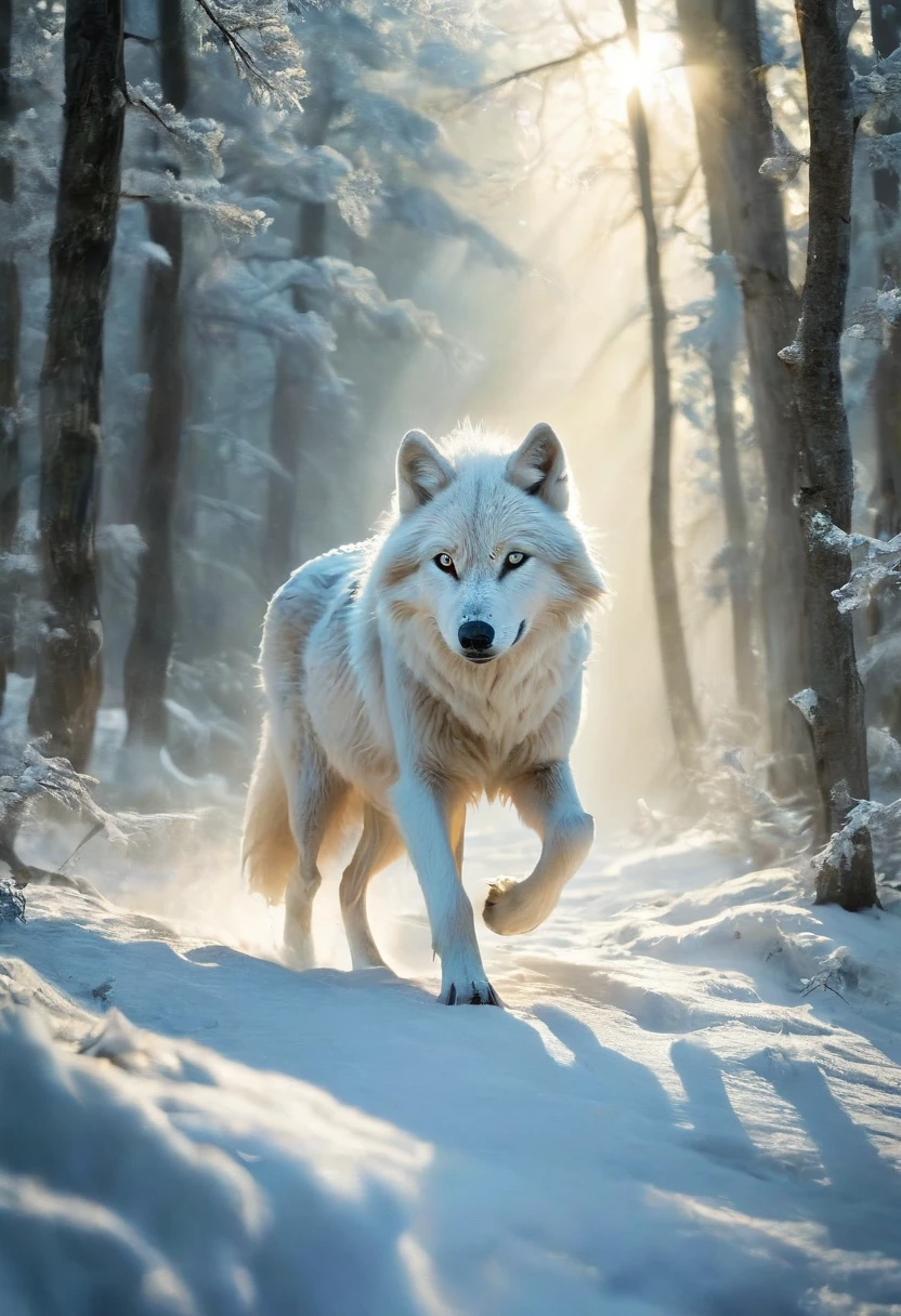A spiritual oil painting of a white wolf depicted as a guardian spirit. The wolf is portrayed in mid-stride, as if silently moving through the forest, its fur blending with the snow and mist. Its eyes glow with a wise, ancient light, and faint ethereal energy surrounds its form. Trees and wildlife in the background appear slightly blurred, as if the wolf exists between the physical and spiritual worlds. The artwork evokes a sense of calm and reverence, using soft brushstrokes and a minimalist color palette.