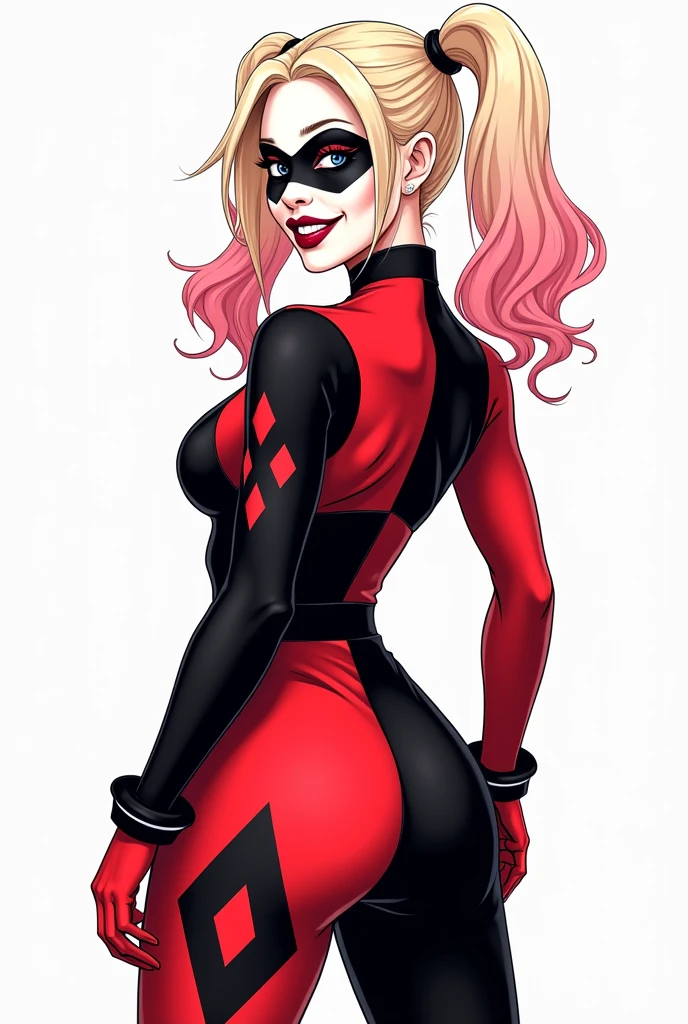 score_9, score_8_up, score_7_up, BREAK, score_9, pale skin, white skin, smile, HQ2019, harley quinn, (pink and blue bat costume), 1girl, breasts, twintails, blonde hair, fingerless gloves, makeup, crop top, multicolored hair, blue eyes, thighhighs, navel, cleavage, multicolored clothes, midriff, asymmetrical legwear, lipstick, mismatched legwear, gradient hair, red lips, abs, nail polish, eyeshadow, heart, red nails, pink hair, toned, facepaint, looking at viewer, cowboy shot, ass, from behind, amusement park