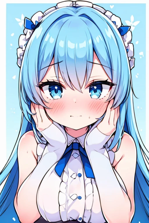masterpiece, high quality, Draw a detailed face, blurred background, 4K, (ultra-intricate pupil in eyes, shiny eyes), parted lips, kawaii, cute, , slender, (ultra delicate and beautiful skin), perfect anatomy, BREAK (masterpiece, best quality), (ultra-detailed 8K), (perfect design), highres, ((blush)), (super fine illustration), masterpiece, best quality, (amazing, blunt bangs), high resolution, cute face, masterpiece, best quality, extremely detailed, anime, beautiful girl, 1giri, (fantastic), (castle), smile, light blue hair, hair over right eye, leaning forward, ((nsfw)), nipple slip from maid clothed, 1boy, penis, ((blowjob)), sweat, cum in mouth