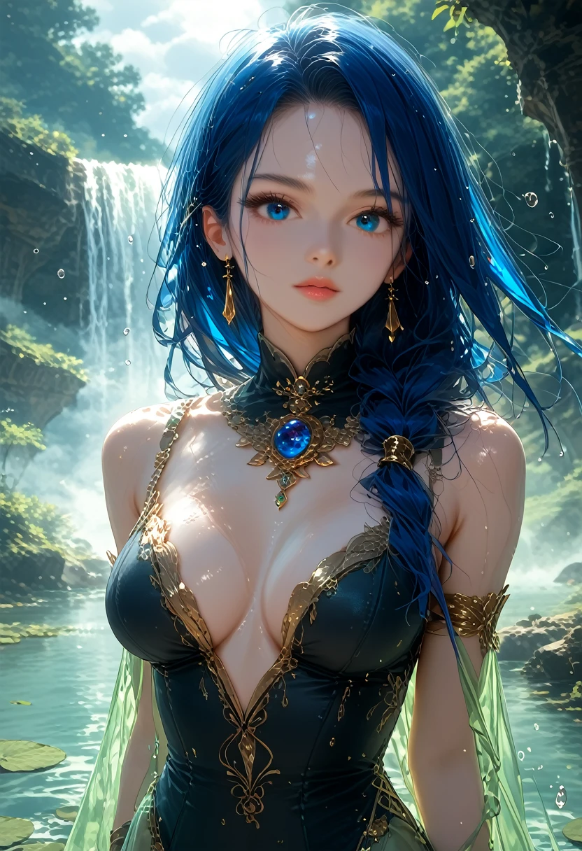 Fantasy, Anime Girl 2, Hair Raised Up Like a Hedgehog, Beautiful ((Hair Color Black and Blue hair coloring)), Big Beautiful Eyes , Magic Lots of Magic Happening, Wearing a Beautiful Shirt with Patterns, There are gold ornaments on the hands and feet bracelet, Forest Background Cloudy Black Night, darkness, Clouds Waterfall, Water and the Pond on Which the Girl Steps, Glints of light are walking on the water, Water rises to the top like bubbles, Very Beautiful and Colorful Painting, score_9, score_8_up, score_7_up, dramatic lighting, highly detailed, high budget, bokeh, cinemascope, moody, epic, gorgeous, film grain, grainy, masterpiece, best quality, perfect anatomy, very aesthetic, official art, 8k,masterpiece, Very Colorful Tones, A game of shadows, Details maximum, maximum quality, hkmagic