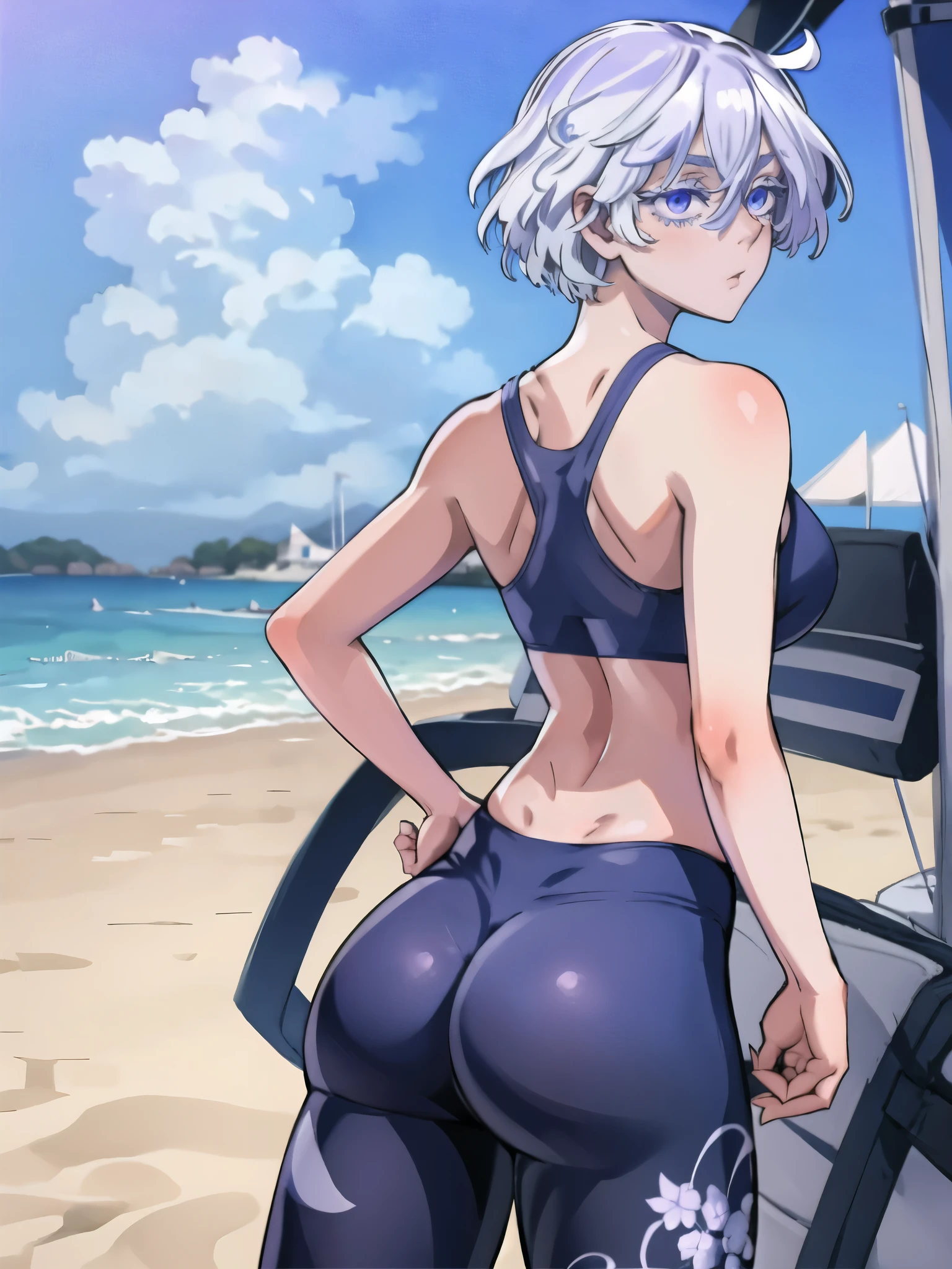 senju, blue eyes, leggings, sport bra, short hair, white hair, purple eyes, on beach, show behind, behind, show ass, show butt, (ass: 1.2)