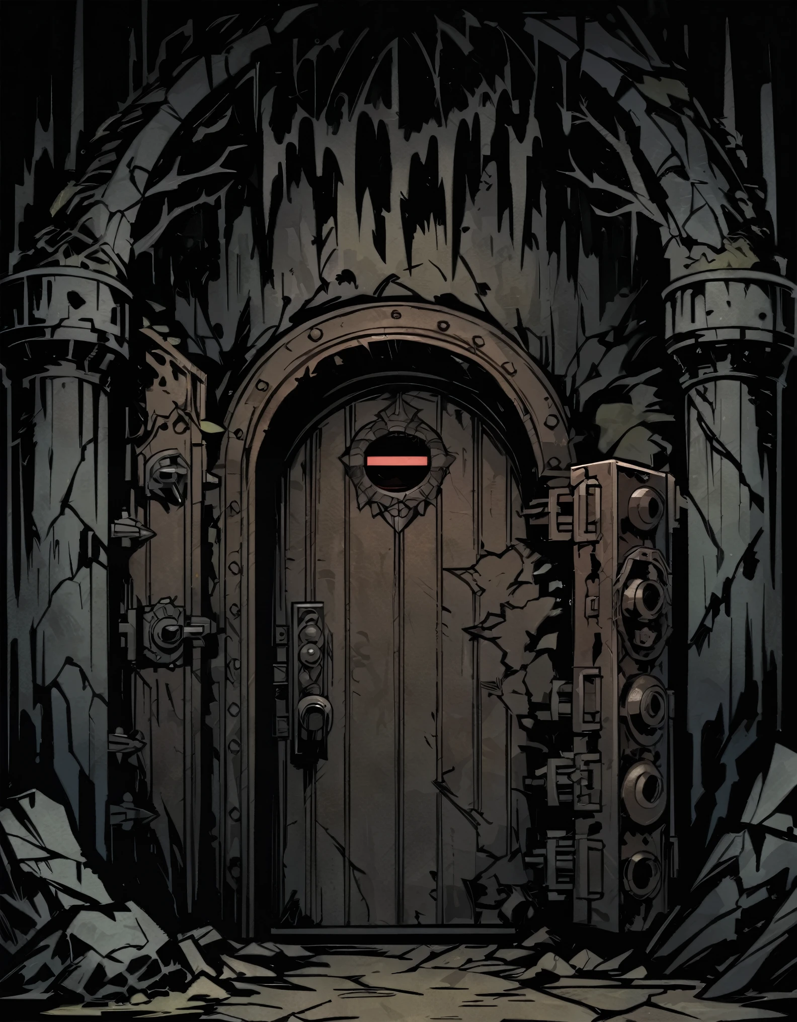 Massive Iron Door underground, rustic iron, gloom, poor dim lightning, WW1 bunker, masterpiece, Darkest Dungeon art, ultra detailed, thick outlines style
