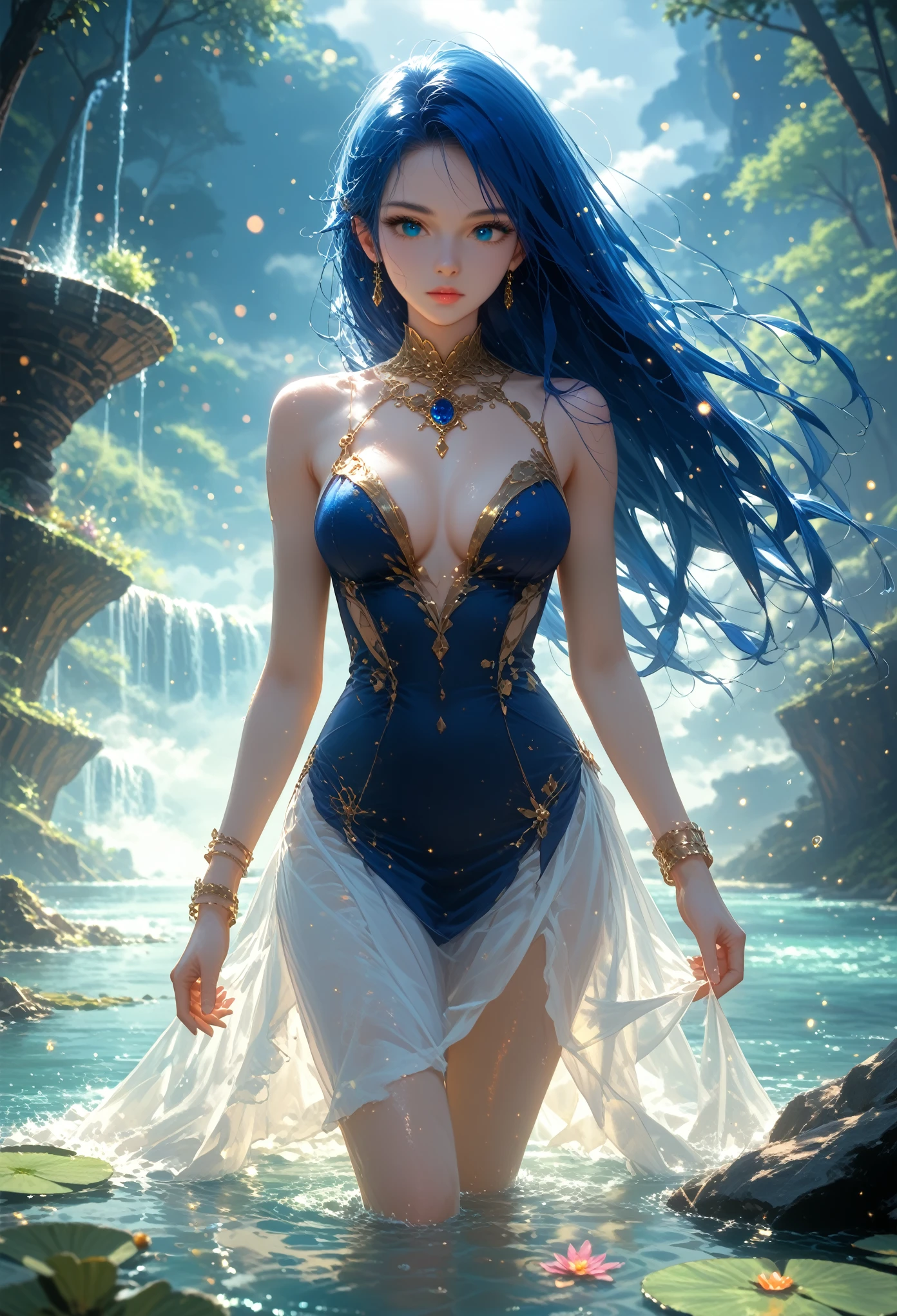 Fantasy, Anime Girl 2, Hair Raised Up Like a Hedgehog, Beautiful ((Hair Color Black and Blue hair coloring)), Big Beautiful Eyes , Magic Lots of Magic Happening, Wearing a Beautiful Shirt with Patterns, There are gold ornaments on the hands and feet bracelet, Forest Background Cloudy Black Night, darkness, Clouds Waterfall, Water and the Pond on Which the Girl Steps, Glints of light are walking on the water, Water rises to the top like bubbles, Very Beautiful and Colorful Painting, score_9, score_8_up, score_7_up, dramatic lighting, highly detailed, high budget, bokeh, cinemascope, moody, epic, gorgeous, film grain, grainy, masterpiece, best quality, perfect anatomy, very aesthetic, official art, 8k,masterpiece, Very Colorful Tones, A game of shadows, Details maximum, maximum quality, hkmagic