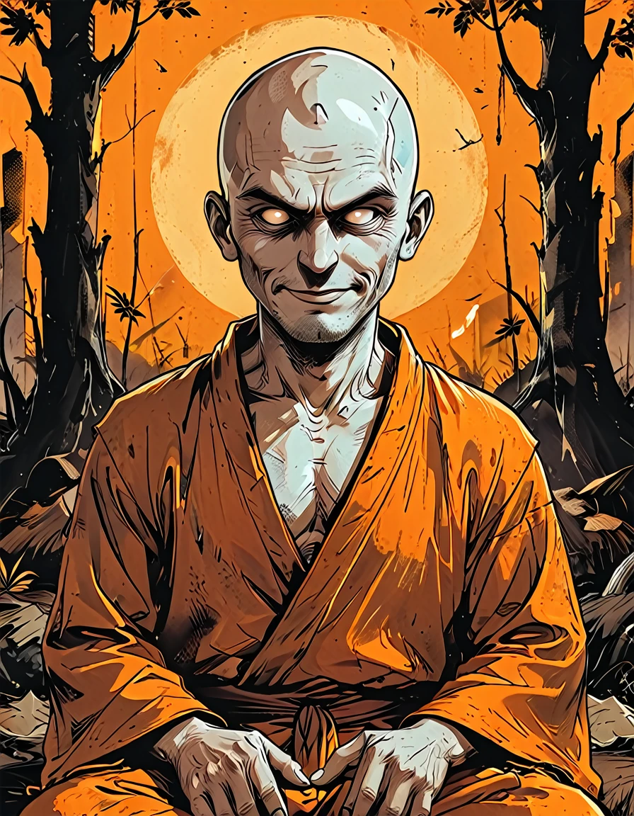 (((angry smile))),((((close-up profile angele portrait man)))),(((open mouth))), lotus pose, ((profile close up portrait man)) blind Buddhist monk sitting  in a lotus pose in dead forest, forest after a fire, black dead trees, no leaves, round face, white eyes, no eyebrows, no hair, bald, paw-eared, round cheeks, narrow lips, man, white sclera eyes, Whitewash Eyes, ((orange Kashaya)), graphic style of novel comics, perfect hands, 2d, 8k, hyperrealism, masterpiece, high resolution, best quality, ultra-detailed, super realistic, Hyperrealistic art, high-quality, ultra high res, highest detailed, lot of details, Extremely high-resolution details, incredibly lifelike, colourful, soft cinematic light,