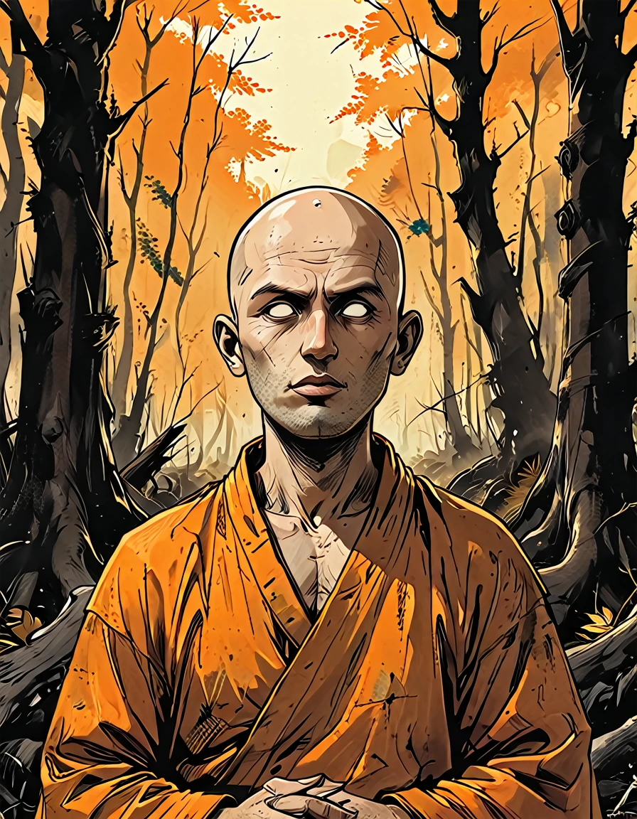 ((((close-up profile angele portrait man)))),(((open mouth))), ((profile close up portrait man)) blind Buddhist monk sitting in dead forest, forest after a fire, black dead trees, no leaves, round face, white eyes, no eyebrows, no hair, bald, paw-eared, round cheeks, narrow lips, man, white sclera eyes, Whitewash Eyes, ((orange Kashaya)), graphic style of novel comics, perfect hands, 2d, 8k, hyperrealism, masterpiece, high resolution, best quality, ultra-detailed, super realistic, Hyperrealistic art, high-quality, ultra high res, highest detailed, lot of details, Extremely high-resolution details, incredibly lifelike, colourful, soft cinematic light,