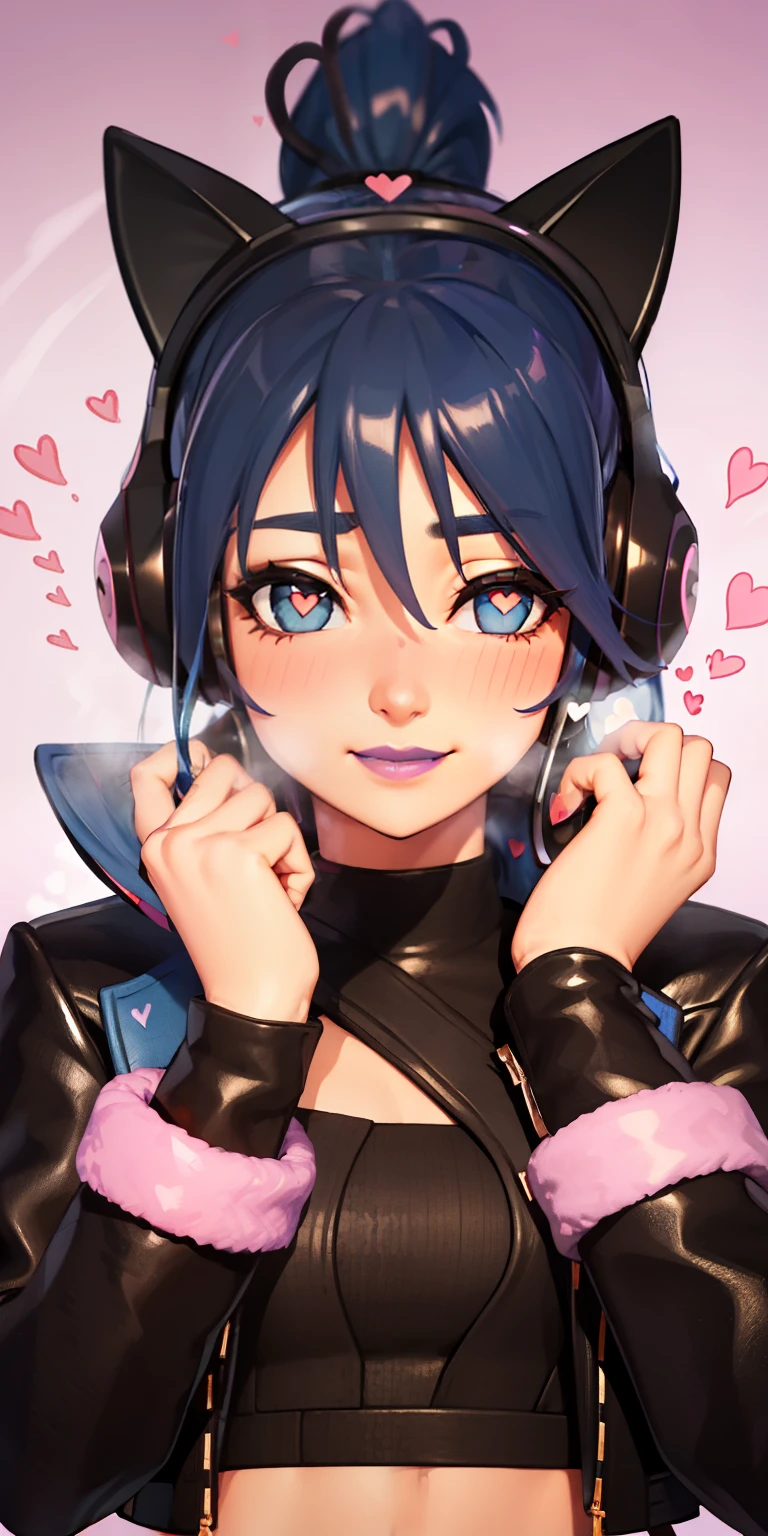 Heart-shaped_pupils, 1girl,blue hair, ponytail, blue eyes, eyeshadow, (blush:1.1),upper body,trembling, heart,(speed lines:1.1), ((heavy breathing:1.3)), love, heart, black jacket, jacket crop top, navel cat ears headphones, black crop top, purple lips, smile, looking at viewer, facing viewer, ((hands on own face1:1))