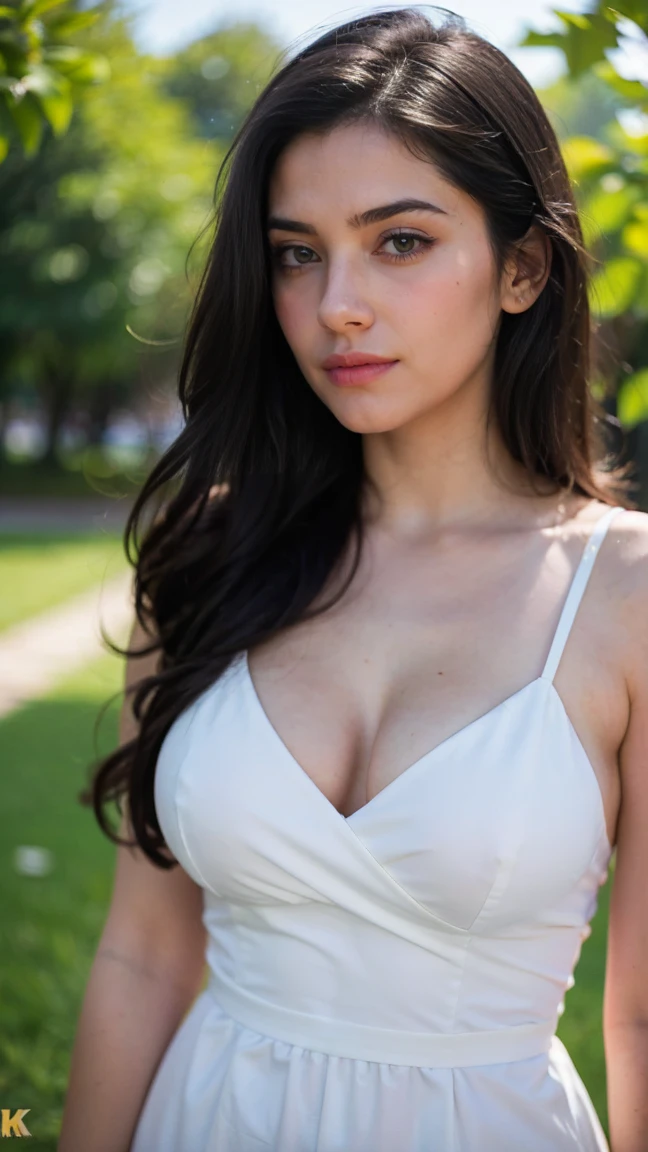 a beautiful woman with long dark hair, pale skin, detailed face, piercing blue eyes, full lips, high cheekbones, elegant expression, delicate and graceful, wearing a flowing white sundress, standing in a lush garden with blooming flowers, sunlight streaming through the leaves, radiant and serene, (best quality,8k,highres,masterpiece:1.2),ultra-detailed,realistic,photo-realistic:1.37,intricate details,cinematic lighting,vivid colors,award winning photography
