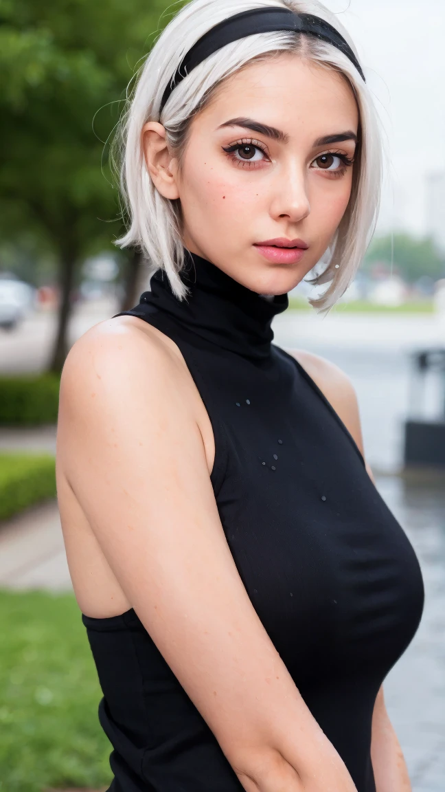 1girl, solo, breasts, short hair, dress, bare shoulders, medium breasts, closed mouth, upper body, white hair, hairband, sleeveless, mole, blurry, black dress, lips, wet, depth of field, blurry background, turtleneck, phone, cellphone, black hairband, wet clothes, mole under mouth, facing viewer, smartphone, rain, water drop, wet hair,