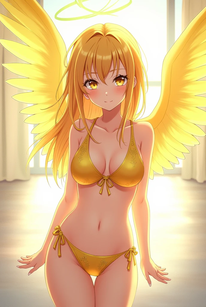 young anime girl in yellow sexy outfit with cat ears and cat tail and high heels and beautiful young face and golden hair and angel wings, Poledance (Poletanz), Strip-Club, Nachtclub, ultrarealistische sexy Stripperin, 8K, extrem detailliert, In SFM gerendert, [ 8k digitale Kunst ]!!, Extrem detaillierter Artgerm, 3-D-Rendercharakter Kunst 8 K, extrem detaillierte Augen, gorgeous face, NSFW