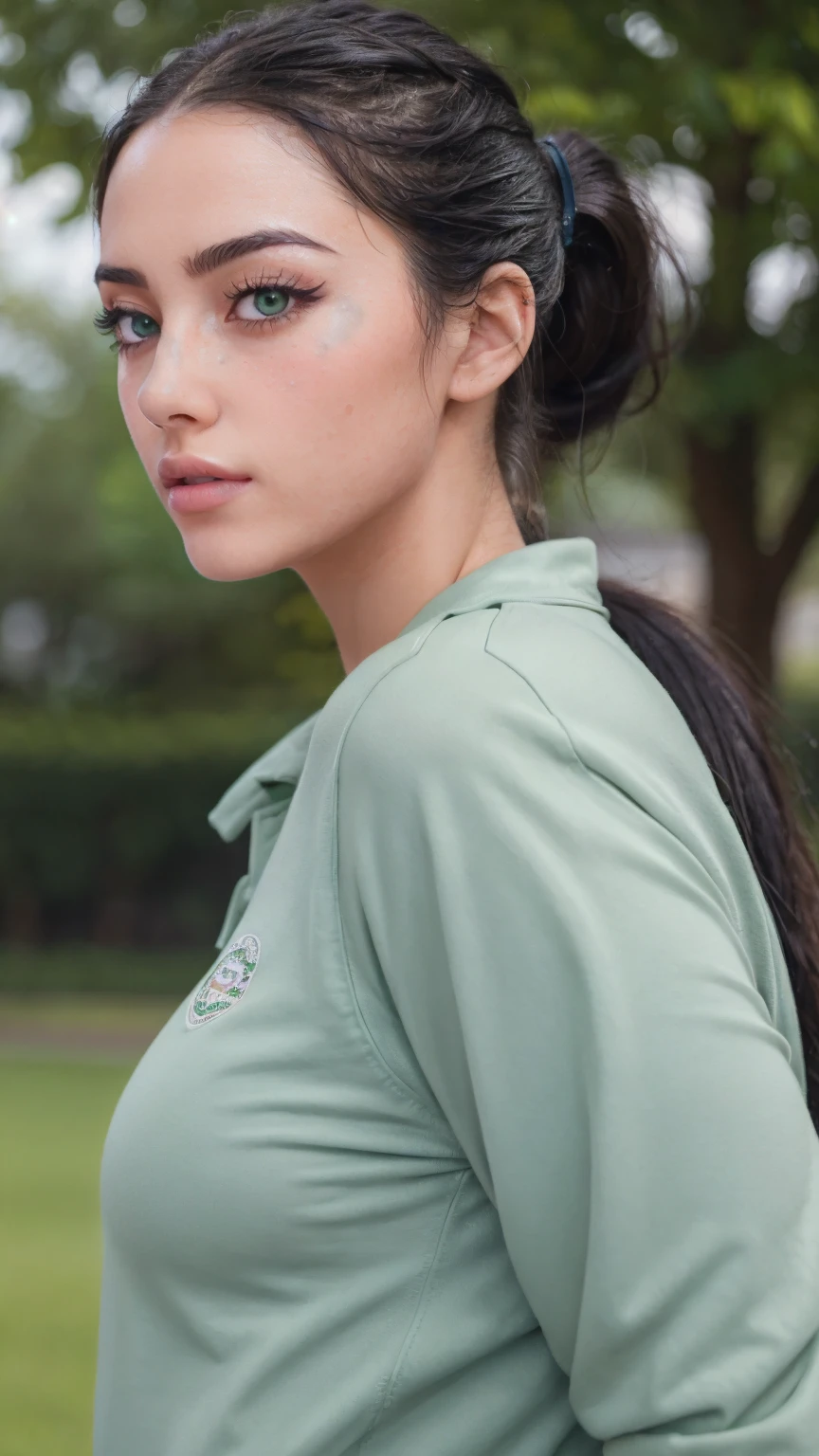 1girl, beautiful detailed eyes, beautiful detailed lips, extremely detailed face and portrait, longeyelashes, girl with ponytail, wearing damp green sportswear, school uniform, sweat all over body, dynamic pose, outdoor school campus setting, realistic lighting, cinematic composition, vibrant colors, highly detailed, 8k, photorealistic, masterpiece