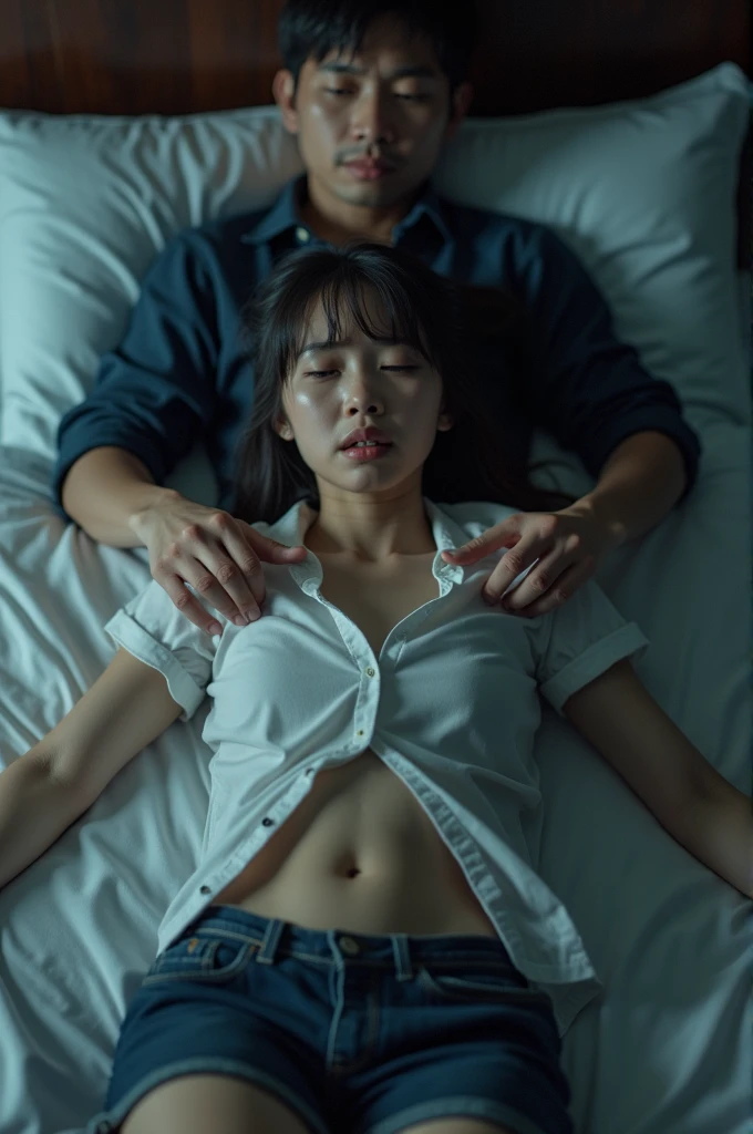 ((2woman attacked by another man. Lie down and push your butt up)). ((22 years old,japanese woman, long black hair、))、flat chest、slender body shape、thin waist、small ass、thin legs、Wearing a tank top、 slum、At an abandoned school that is about to collapse、Inside a dirty classroom with trash scattered around、open the thighs、A man's penis is inserted into her pussy from behind、 Another man tore off her tank top and exposed her breasts.、 I can see the nipples、desperate look、cry out