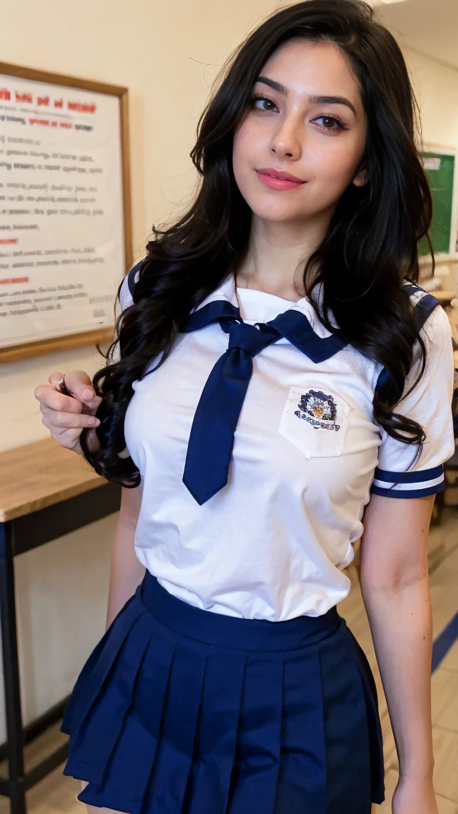 Capture a masterpiece of photography featuring a stunning girl with long, curly black hair (1.1) and intricate details in her ((school uniform:1.3)), complete with a miniskirt revealing shirt and skirt. Professional HDR lighting (8k UHD RAW photo) casts a cinematic glow, accentuating the subject's features while also capturing the subtle play of iridescent lighting on her skin. Jewelry (1.4) adorns her neck, drawing attention to her radiant smile as she faces the viewer directly. The image is rendered in breathtaking detail, with every curl of hair and fold of fabric meticulously captured. Apply a realistic LUT for a true-to-life representation.