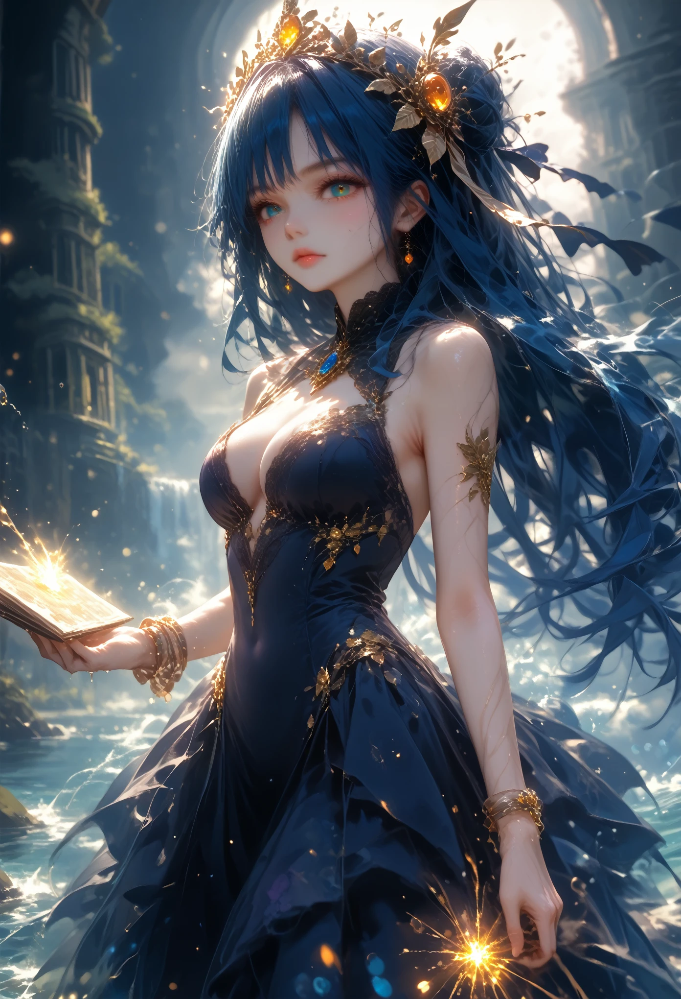 Fantasy, Anime Girl 2, Hair Raised Up Like a Hedgehog, Beautiful ((Hair Color Black and Blue hair coloring)), Big Beautiful Eyes , Magic Lots of Magic Happening, Dressed in a Fitted Dress Purple Black with Beautiful Patterns, There are gold ornaments on the hands and feet bracelet, Forest Background Cloudy Black Night, darkness, Clouds Waterfall, Water and the Pond on Which the Girl Steps, Glints of light are walking on the water, Water rises to the top like bubbles, Very Beautiful and Colorful Painting, score_9, score_8_up, score_7_up, dramatic lighting, highly detailed, high budget, bokeh, cinemascope, moody, epic, gorgeous, film grain, grainy, masterpiece, best quality, perfect anatomy, very aesthetic, official art, 8k,masterpiece, Very Colorful Tones, A game of shadows, Details maximum, maximum quality, hkmagic, Shine, glitters,