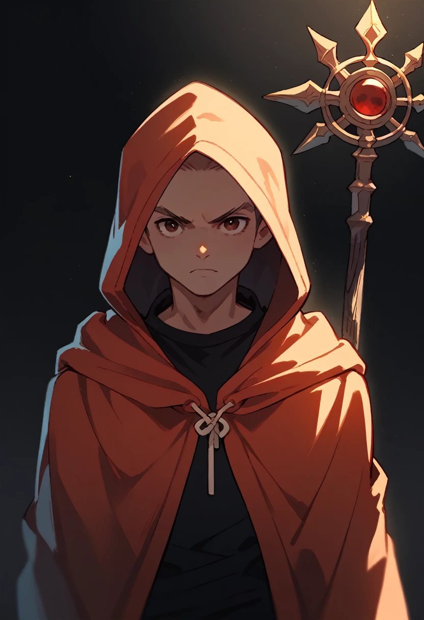 a hooded man holding a long wooden staff with a red stone on the tip, hood covering his face, black background, detailed facial features, intricate textures, dramatic lighting, cinematic composition, dark fantasy, digital art