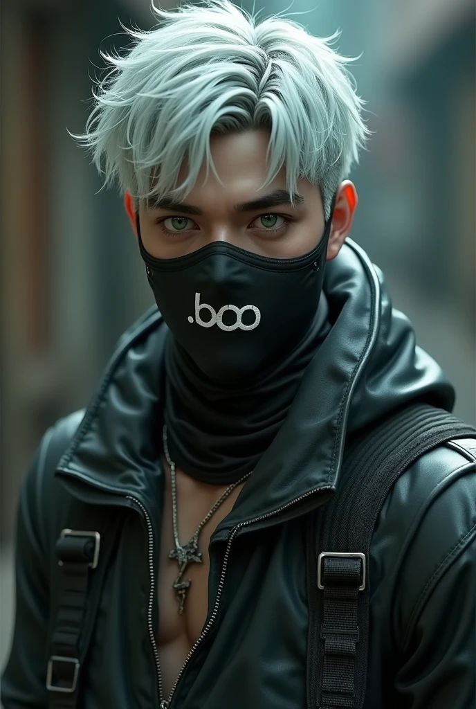 Young man with hair similar to Kakashi&#39;s, The green eyes, a beautiful smile, tall and strong with fair skin, slanted eyes but wears square black glasses. Wearing black cargo pants, white shirt and boots. It is in an open park with trees around it., on a clear day.