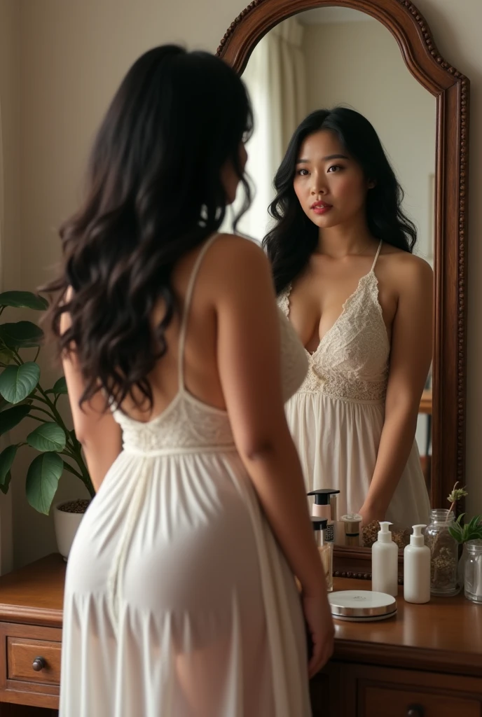 asian , busty , realistic , mirror selfie , bra , showing off