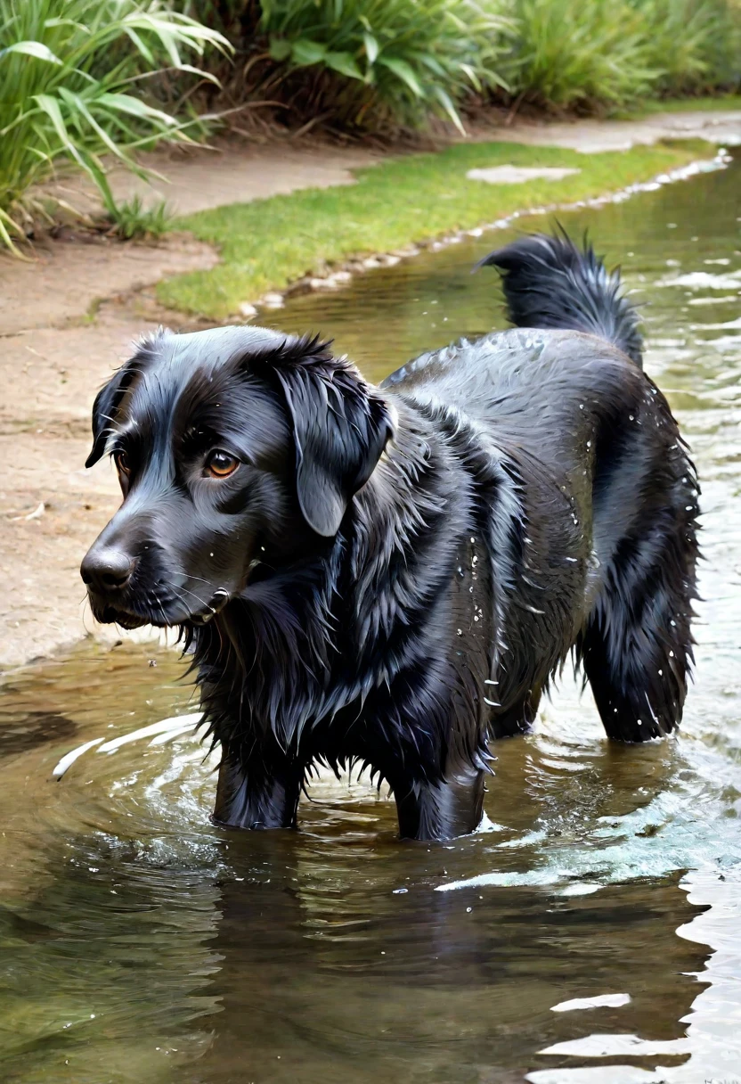 surreal illustration of a black dog that is standing in the water, dog, at the waterside, black dog, a handsome, in a pond, in the water, a dog, river in front of him, the photo shows a large, labrador, playing with the water, emerging from the water, wet fur, handsome, nice face
