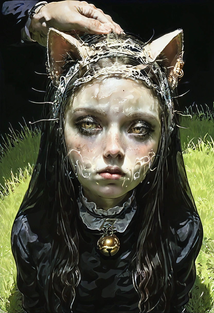 (High quality，detail-rich，Ultra-realistic 1.2)cyber punk style，Cat-eared lady，Dress normally，Delicate to the point of incredible face，devils，Crawl on the grass，sHe wears a bell around his neck，and is getting fuked doggy style, super hard buttcheek clapping together, raped in the park (1cat girl) 3 male dogs, forced sexual 👏 and pointing to her right eye. Dogs fucking a cat,veiw from under, visibly being penitration 