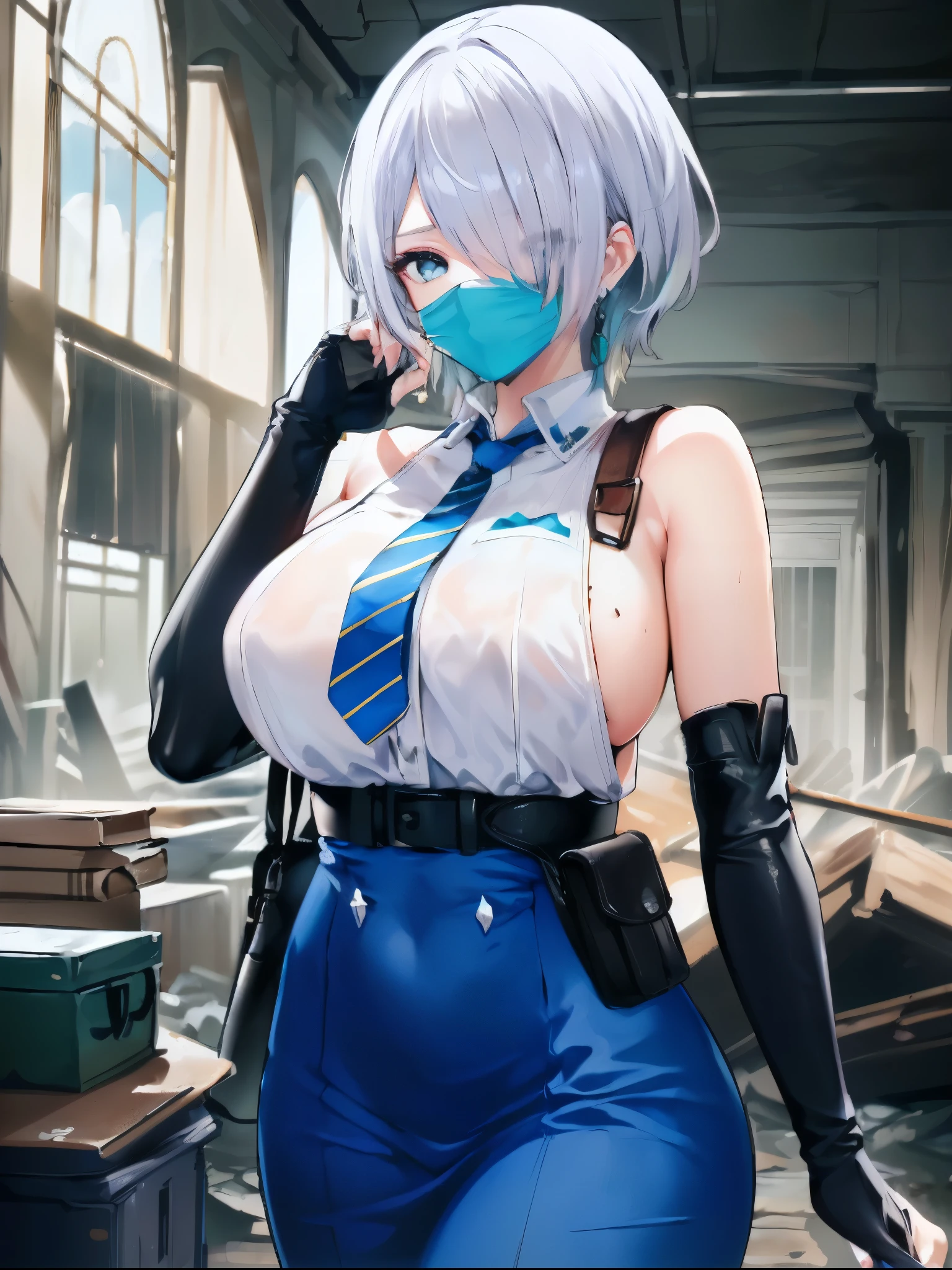 (masterpiece, best quality, ultra detailed, absurdres:1.5), 1girl, (sexy, beautiful woman, perfect face, perfect eyes, perfect female body, large breasts:1.5), (nikke,brid, white hair, low ponytail, hair over one eye, earrings, garrison cap, sleeveless shirt, long skirt, blue necktie, belt pouch, elbow gloves, high heel boots, ), (standing, indoors, ruin_landscape), perfect lighting, smooth, hdr