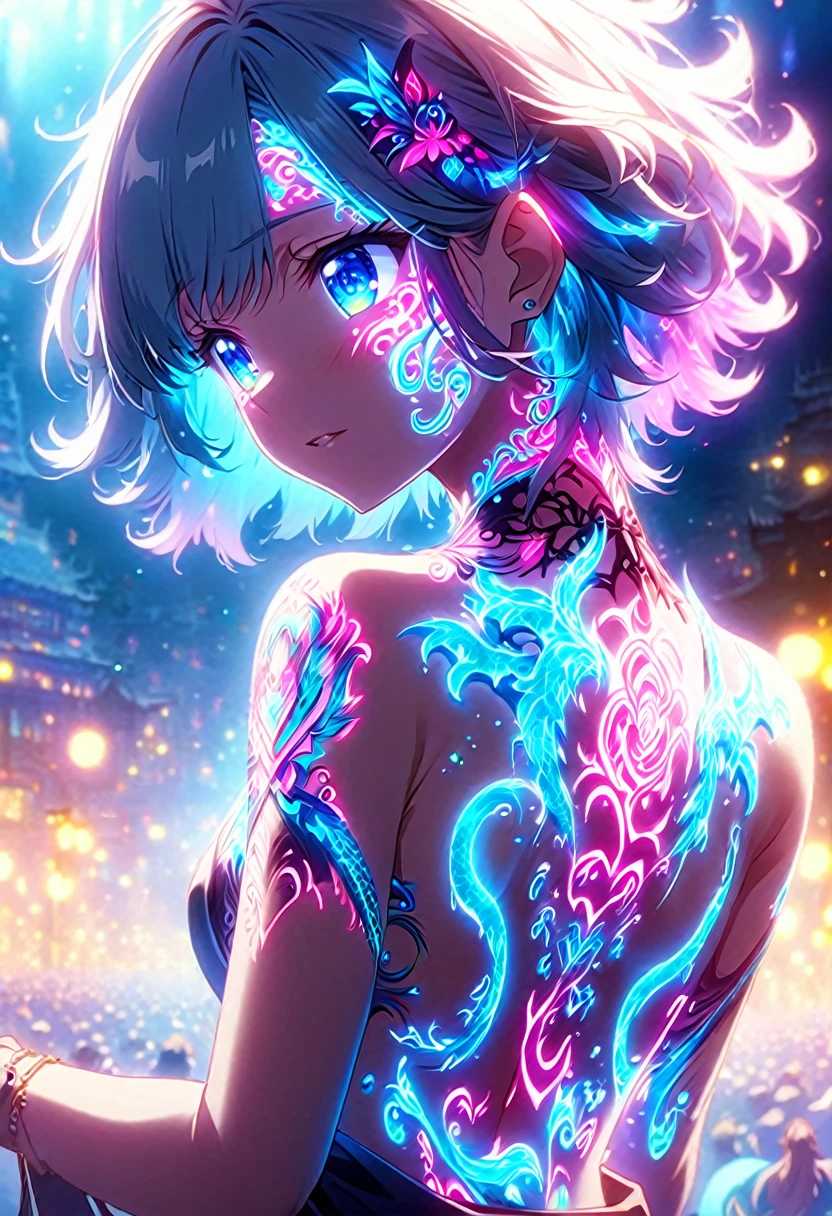 Anime screenshots、Artistic anime illustration of a girl adorned with thick, glowing neon dragon tattoos on her body and face。The tattoo on his back 、Neon glow、The scene has a dreamy, soft-focus effect that accentuates the brilliance of the tattoo.