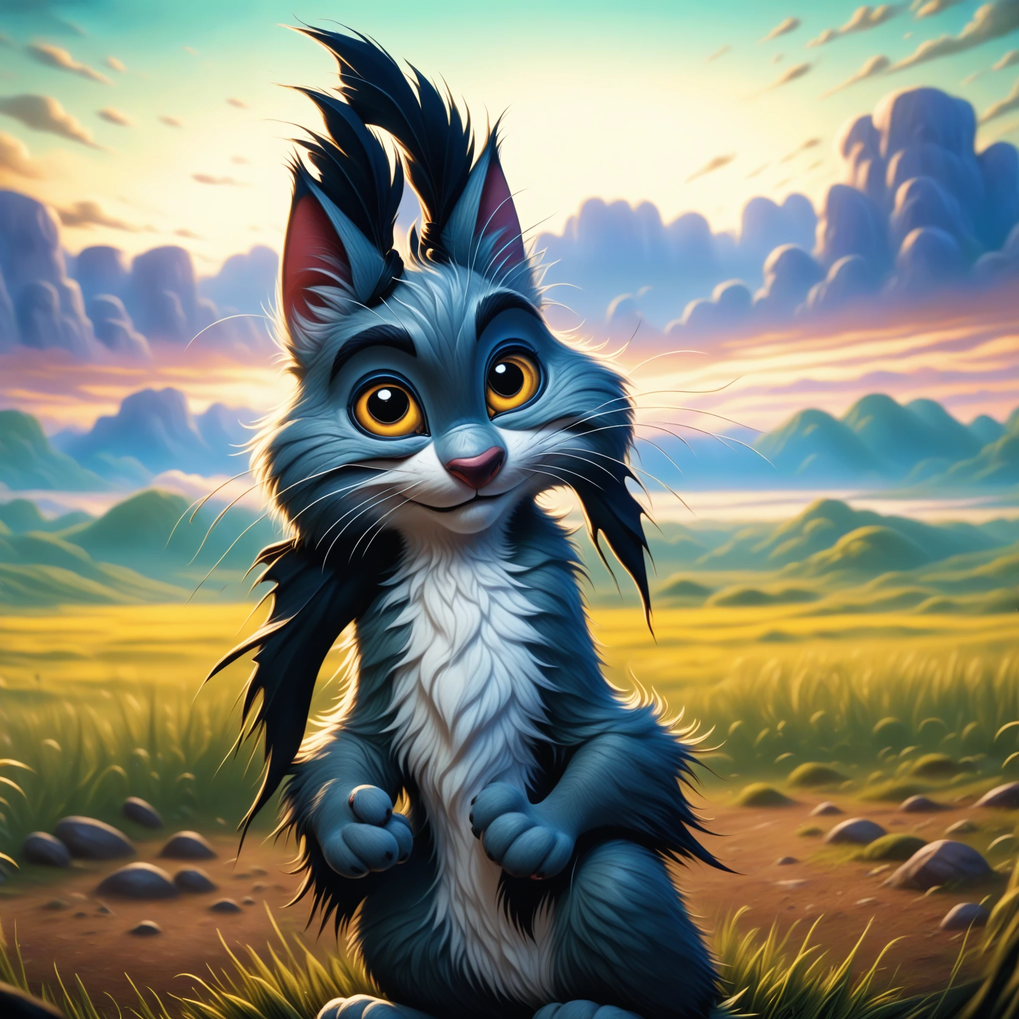 there is a cartoon cat sitting in a field of tall grass, detailed cinematic dramatic fur, Stylized 3D rendering, styled as a 3D render, falvie, animated film still, 3d animation film, 3d stylized, Stylized 3D rendering, animated film, disney stylized furry, “portrait of a cartoon animal, Stylized digital art