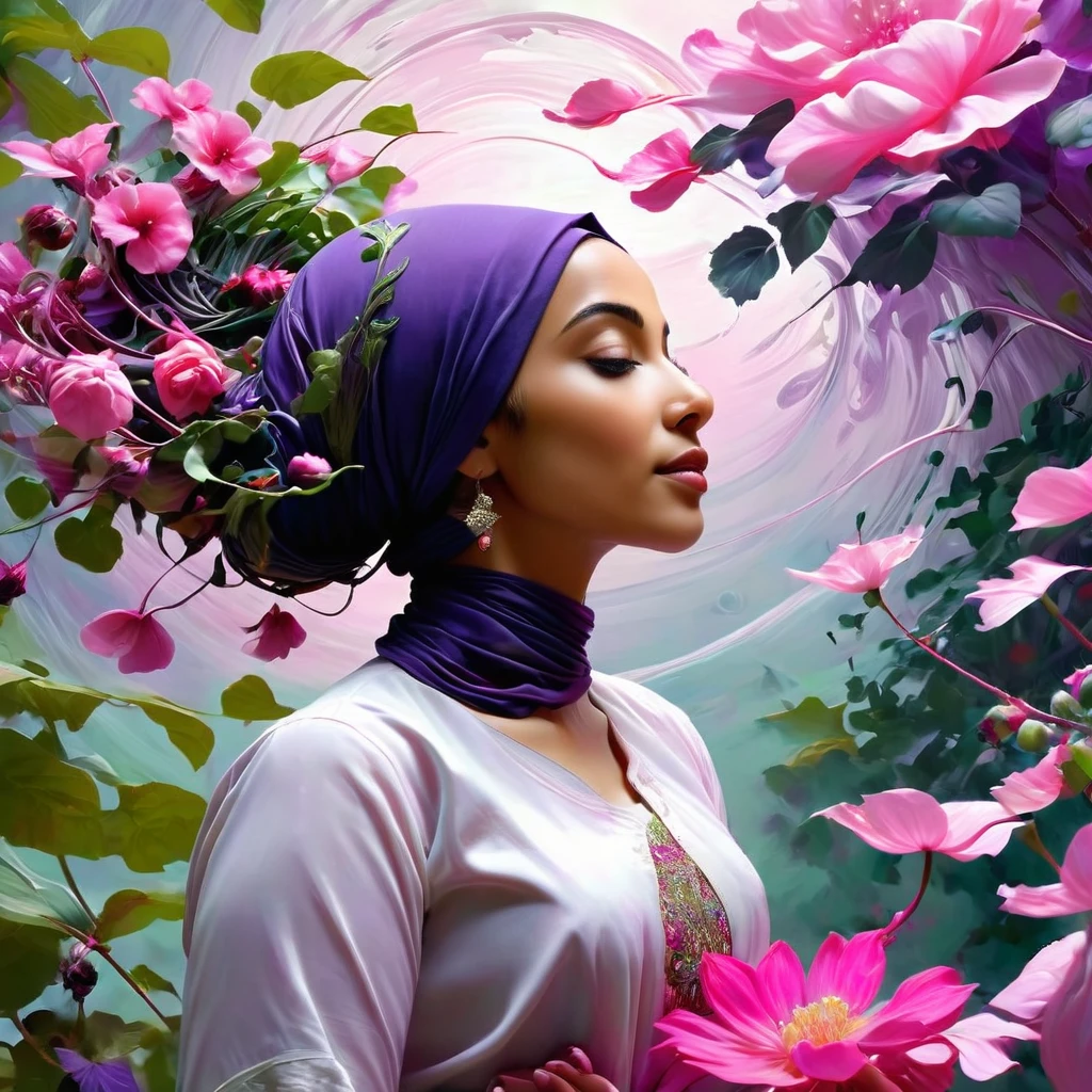 beautiful hijab A captivating digital painting, Inspired by the exclusive style of Norman Rockwell, featuring a serene young woman standing amid a swirling dance of pink and purple flowers, leaves and vines. She is surrounded by a plant-based being, with roots and flowers intertwined, creating a sense of depth and movement. The woman exudes a sense of determination and calm, as if she were perfectly in tune with the natural rhythm of the universe. The general environment of the 