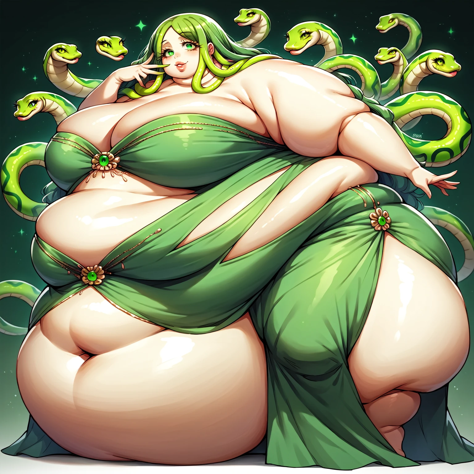 a sexy morbidly obese ssbbw anime gorgon, 1girl, female, extremely detailed fat legs, beautiful detailed eyes, beautiful detailed lips, hair made of snakes, ((wearing long green gown)), voluminous gown, cute face, green anime eyes, human face, moe eyes, happy expression, massive breasts, massive belly, human figure, pale skin, extremely detailed eyes and face, long eyelashes, extremely detailed skin texture, dynamic pose, snakes for hair, mythological creature, vibrant colors, masterpiece, highly detailed