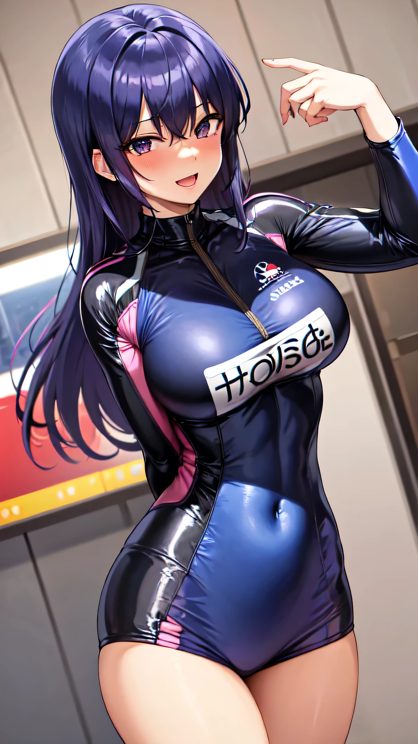 komi shouko, masterpiece, Looking at Viewer,
purple hair, large breasts,

racing suit,
Wink, Smile, Open mouth, blush,