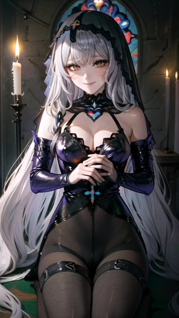 ((Masterpiece, Ultra HD, 8K Quality)), one Woman, Beautiful Face and body, Platinum silver long hair, long bangs, Deep shiny yellow eyes, highlights on eyes,　Very long eyelashes, very large breasts, Cleavage, a slim waist, curvy hips, (((black swan))), veil, elbow gloves, black pantyhose, no shoes, sitting, cross-legged, (from bottom:1.2), smiling, holding a card, tarot, upper body, candle, Cathedral, stained glass background
