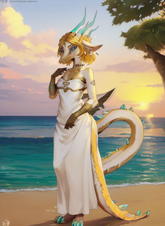 uploaded on e621, explicit content, 3d, cutesexyrobutts, hioshiru, female, solo,  1girl, lightdragon, princess zelda, dragon girl, blonde hair, horns, short hair, animal ears,beach setting, three-quarter portrait, standing,,blue eyes, colored sclera, white dress,earrings