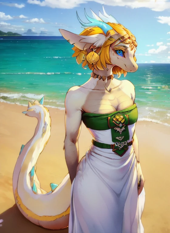 uploaded on e621, explicit content, 3d, cutesexyrobutts, hioshiru, female, solo,  1girl, lightdragon, princess zelda, dragon girl, blonde hair, horns, short hair, animal ears,beach setting, three-quarter portrait, standing,,blue eyes, colored sclera, white dress,earrings