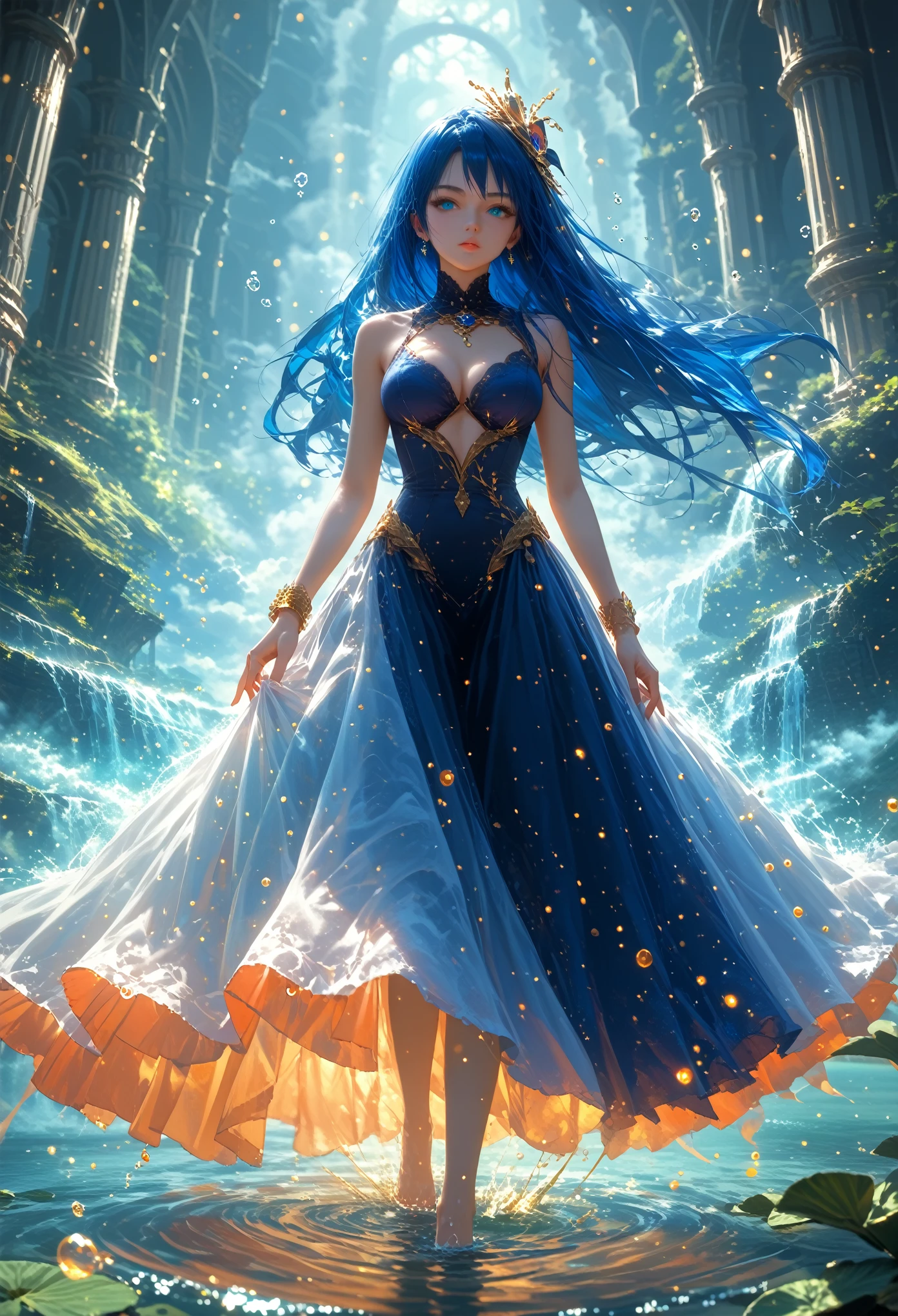 Fantasy, Anime Girl 2, Hair Raised Up Like a Hedgehog, Beautiful ((Hair Color Black and Blue hair coloring)), Big Beautiful Eyes , Magic Lots of Magic Happening, Dressed in a Fitted Dress Purple Black with Beautiful Patterns, There are gold ornaments on the hands and feet bracelet, Forest Background Cloudy Black Night, darkness, Clouds Waterfall, Water and the Pond on Which the Girl Steps, Glints of light are walking on the water, Water rises to the top like bubbles, Very Beautiful and Colorful Painting, score_9, score_8_up, score_7_up, dramatic lighting, highly detailed, high budget, bokeh, cinemascope, moody, epic, gorgeous, film grain, grainy, masterpiece, best quality, perfect anatomy, very aesthetic, official art, 8k,masterpiece, Very Colorful Tones, A game of shadows, Details maximum, maximum quality, hkmagic, Shine, glitters,