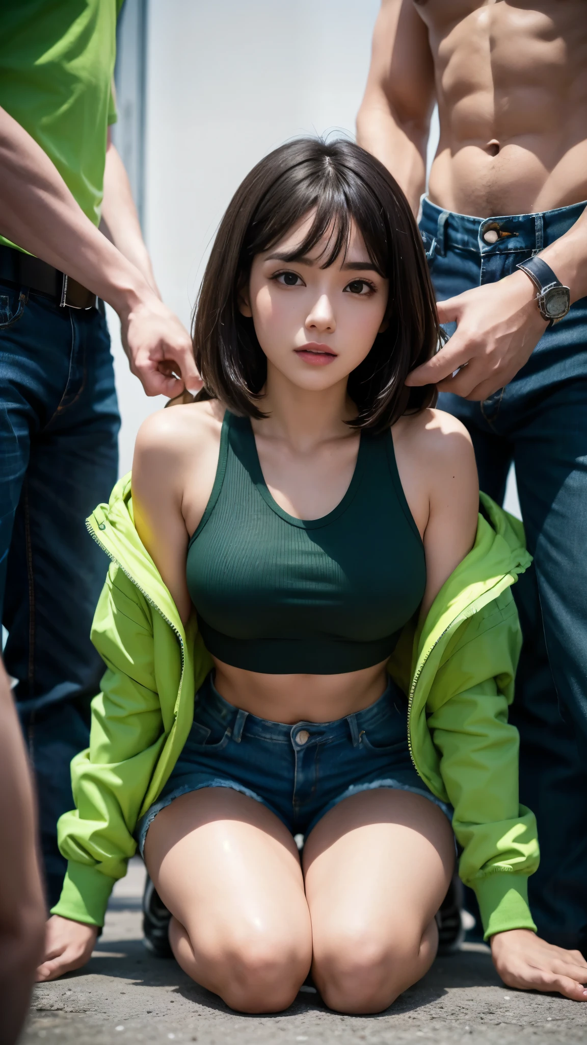 An 8K UHD medium shot of  a woman wearing a crop top and jean hotpants She kneels before the men who stand around her 2 men wearing bright green jackets and jean pant stand around her