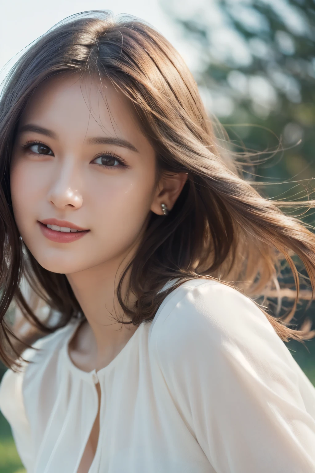 One Girl, (White blouse:1.2), (Beautiful Japanese idol portrait photos),
(Simple background in light colors:1.3),
(RAW Photos, Highest quality), (Realistic, photo-Realistic:1.4), masterpiece, 8K Portrait,
Very delicate and beautiful, Very detailed, 2k wallpaper, wonderful, In detail, Very detailed CG unity 8k wallpaper, 
Very detailed, High resolution, 
Soft Light, Beautiful detailed woman, Very detailed eyes and face, Beautiful and sophisticated nose, Beautiful attention to detail,
Cinema Lighting, Perfect Anatomy, 
Slender body, Small breasts, Medium Hair, Hair blowing in the wind, Bokeh, Dynamic angles, (Elegant and sophisticated atmosphere), (smile:0.8)