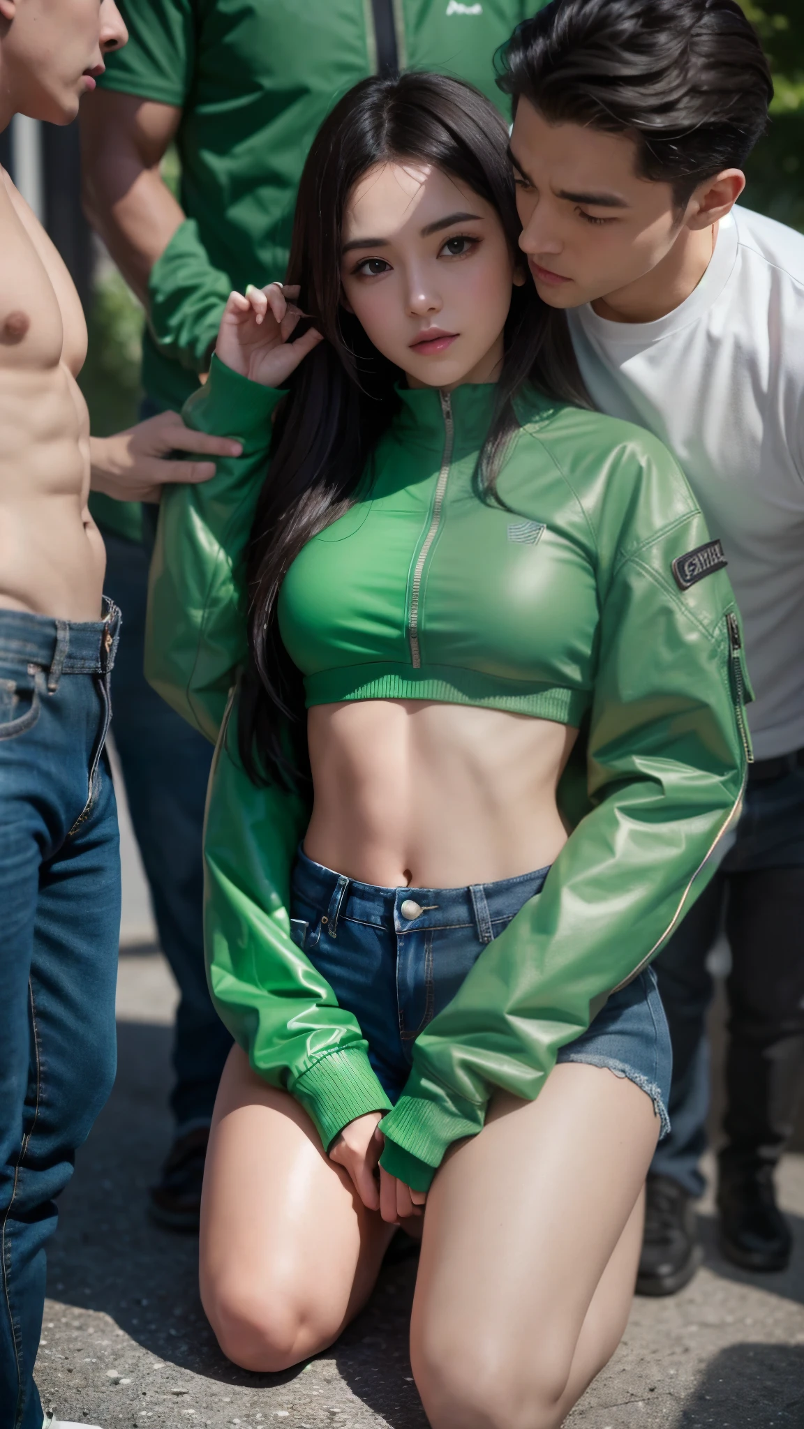 An 8K UHD medium shot of  a woman wearing a crop top without jacket and jean hotpants She kneels before the men who stand around her 2 men wearing bright green jackets and jean pant stand around her