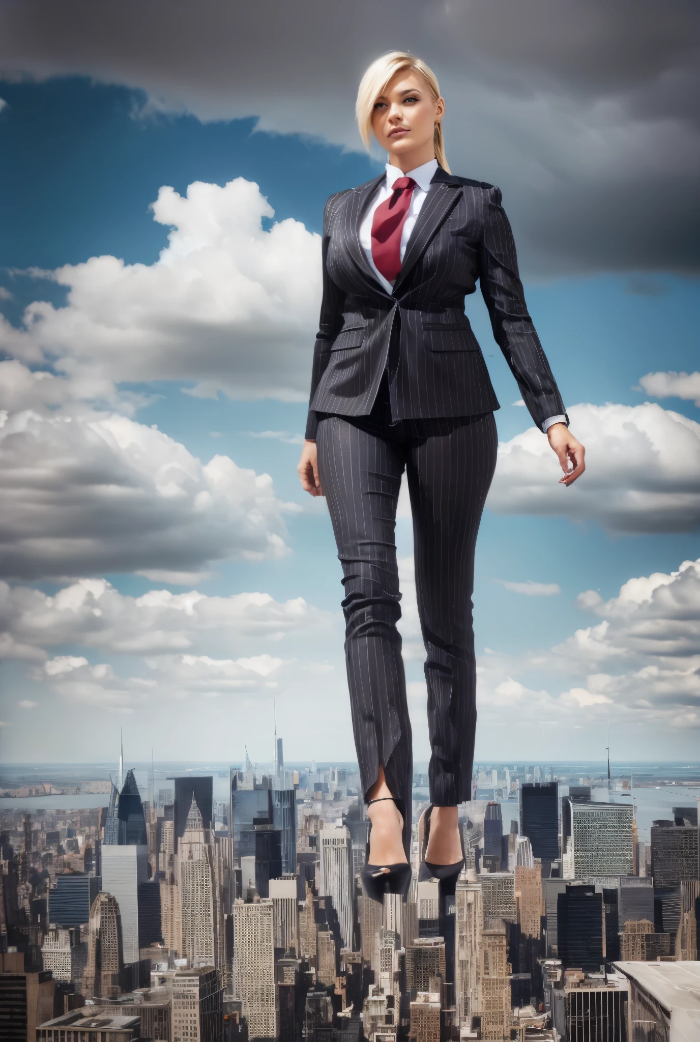 A growing Young adult women beautiful curves a massive thighs blonde hair in a ponytail lipstick wearing a perfect perfect tailored grey pinstriped trouser suit and blazer, crisp white shirt and large broad crimson windsor knot tie,colossal breasts. Platform high heels , standing, giantess art, tie clip, highly detailed giantess shots, giantess, most detailed, perfect face, Two legs, Five fingers, short hair, A girl who is bigger than a skyscraper, standing on very small city new york, skyscarpers at their feet, skyscrapers small, smile, huge breasts, major metropolis, numerous cities, , A very small big city, Miniature metropolis, Full body description, GTS, giga giantess, gigagts, stomping city, crash city, tiny city, micro city, , High resolution, highest quality, masterpiece,  tiny destroyed skyscrapers city, illustration, skyscrapers size of small toys standing behind and very far away from city, (masterpiece, best quality, best shadows, best shading, perfect hands, perfect face, cinematic lighting, colorful, ultra-detailed, beautiful photography, character focus, extremely-detailed, photorealistic, hyper photorealism, atmospheric), ), (giantess, stereotypical office boss), (, clean, tidy, happy), ((walking, mid stride:1.2, stepping down on:1.2, stomping, crush, rampage)), (black patent Louboutin rounded toe pumps, high heels, platform heels), ((,)), ((long ponytail hair with front bangs)), (high altitude photography, looking up from the streets view), (curvy, , heaving bosom, legs), (mega city, urban sprawl, and small towns, buildings, roads), (((cloudy, overcast, clouds and atmosphere partly obscuring the subject:1.2, hazy atmosphere, haze in foreground, wispy clouds))) footprints warzone view looking up from ground level. 