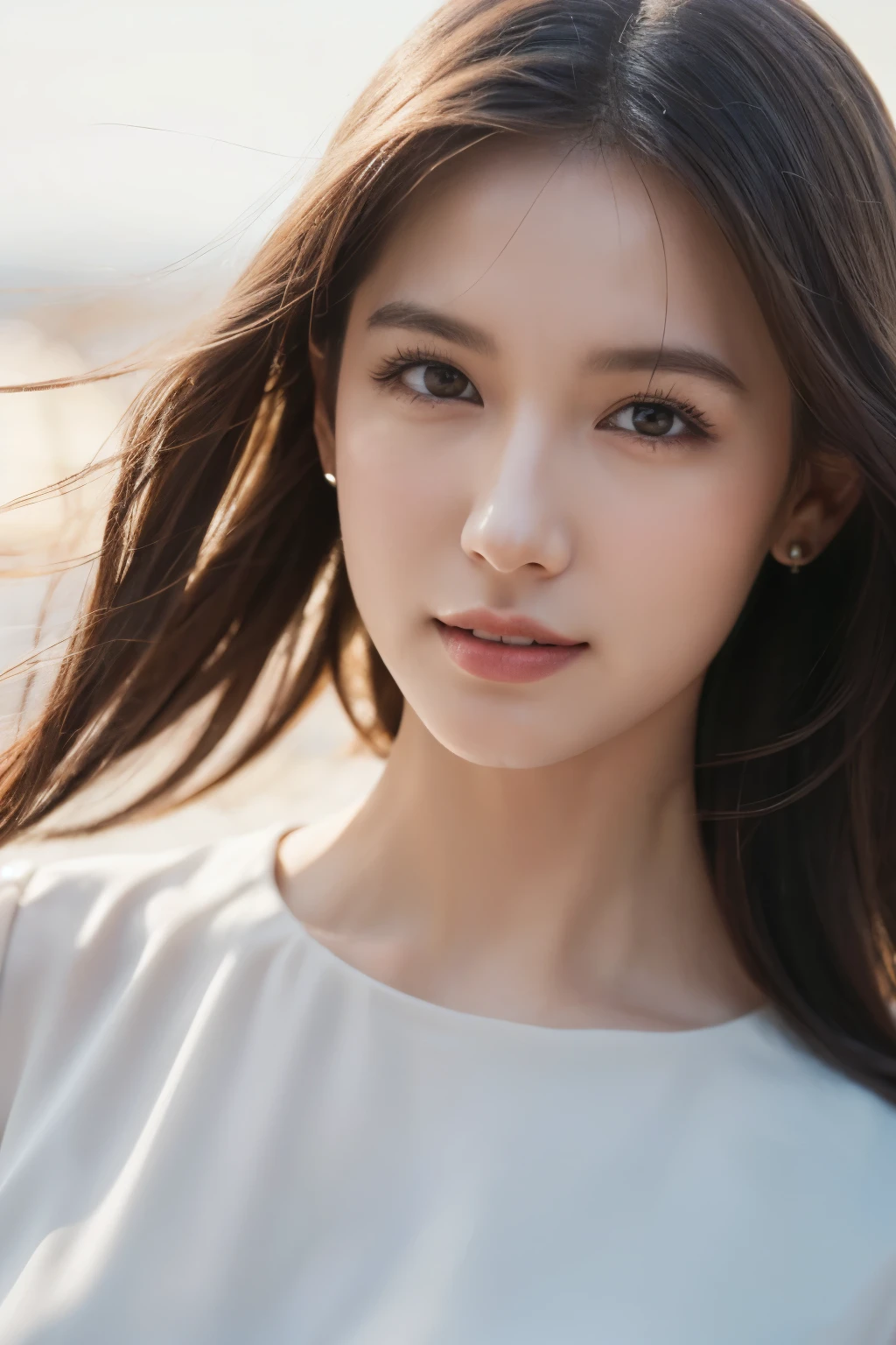 One Girl, (White blouse:1.2), (Beautiful Japanese idol portrait photos),
(Simple background in light colors:1.3),
(RAW Photos, Highest quality), (Realistic, photo-Realistic:1.4), masterpiece, 8K Portrait,
Very delicate and beautiful, Very detailed, 2k wallpaper, wonderful, In detail, Very detailed CG unity 8k wallpaper, 
Very detailed, High resolution, 
Soft Light, Beautiful detailed woman, Very detailed eyes and face, Beautiful and sophisticated nose, Beautiful attention to detail,
Cinema Lighting, Perfect Anatomy, 
Slender body, Small breasts, Medium Hair, Hair blowing in the wind, Bokeh, Dynamic angle, (Elegant and sophisticated atmosphere), (smile:0.8)