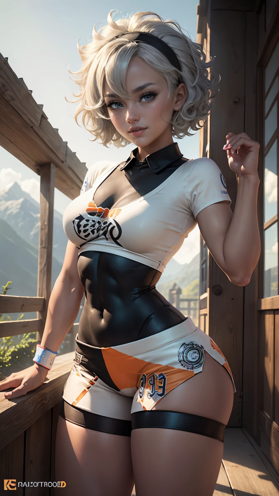 Bea da pokemon,(best qualityer,4K,8k,high resolution,work of art:1.2)(weather: windy), 1girl, solo girl, mountain view background, tea house, short curly hair, gray hair, cropped shirt, micro shorts, thigh high stockings, headband, gloves, leotard, ultra detailed,realistic,beautiful detailed gray eyes, beautiful detailed lips,extremely detailed eye and face, long eyelashes,average,medium breasts,beaming smile, sexy smile,powerful girl, bright coloured, dramatic lighting,