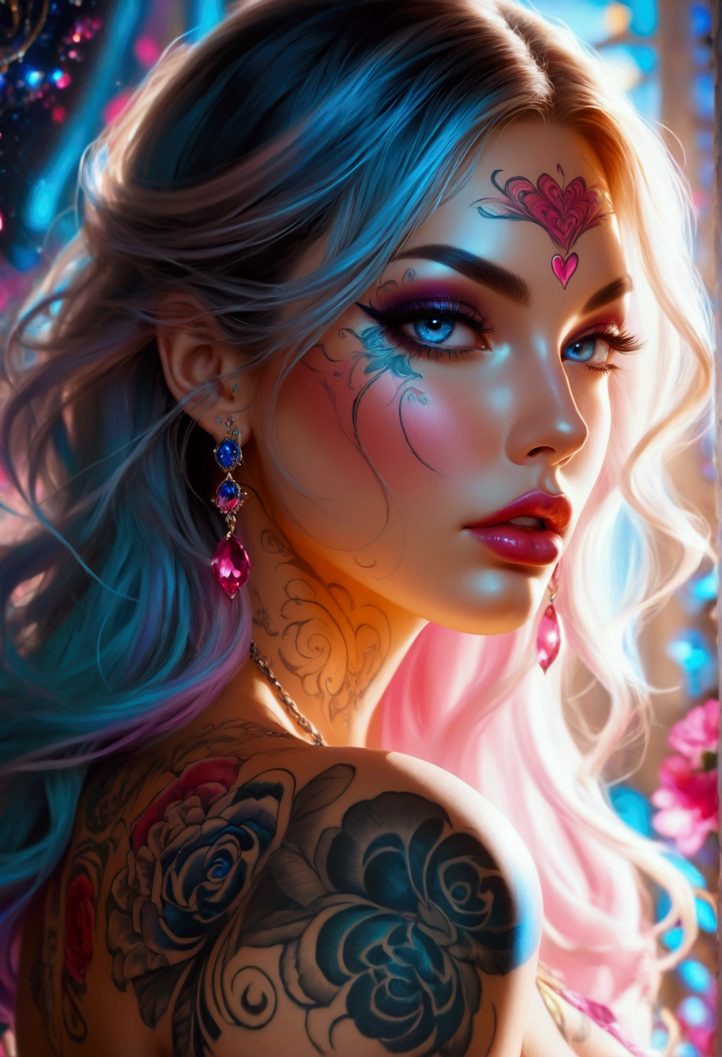 beautiful digital artwork, beautiful digital art, detailed beautiful face, 8k high quality oled detailed art, very beautiful digital art, digital art. highly detailed, beautiful detailed body, Create a hyper detailed photograph of a perfectly simetrical tattooed curved drop dead gorgeous Jessica, Stunningly perfect gorgeous feminine face, bold, dramatic eyes, bold Eye Makeup, dramatic eyes, smudging layering and blending to dramatic, detailed vibrant neon sapphire eyes, very long hair, Focus on Skin A smooth even base is essential Makeup primers foundations and concealers Highlighting and Contouring to achieve a flawless canvas natural-looking, radiant glow, Gentle facial curves, Fuller cheek bones, Smaller and wider-set eyes, Less pronounced jawline, Symmetry perfection Proportion facial features, sexual curved heart shaped mouth, long beautiful tattooed legs, beautiful tattooed arms, perfect feminine curved body figure, detailed silky smooth skin, gigantic huge breasts, perfect heart shaped ass, beautiful long tattooed legs, flat stomach, long toned legs, Wearing chain lingerie Jewels, back to viewer looking forward.