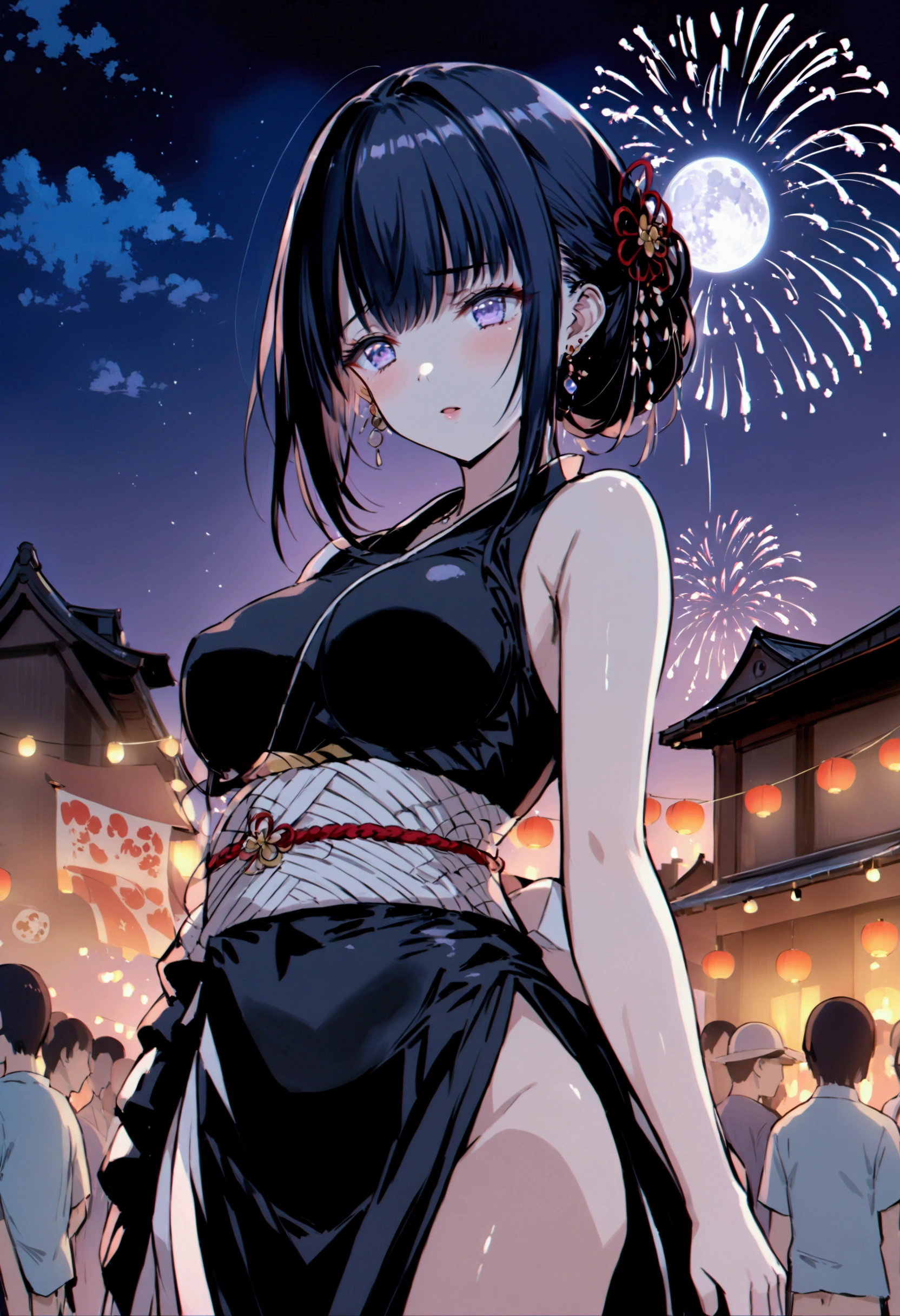 (sex),Fireworks,summer night,tight clothes,detailed,high quality,full moon,Hanabi Taikai,yukata dress,Japanese festival,hidden from people,