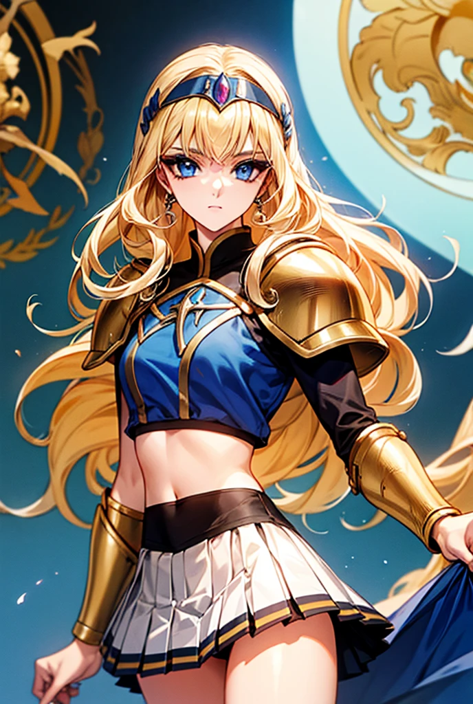 Masterpiece, Best Quality, Detail, a beautiful medieval mysterious warrior long blonde hair blue eyes small breasts golden crop top armor and white pleated skirt 