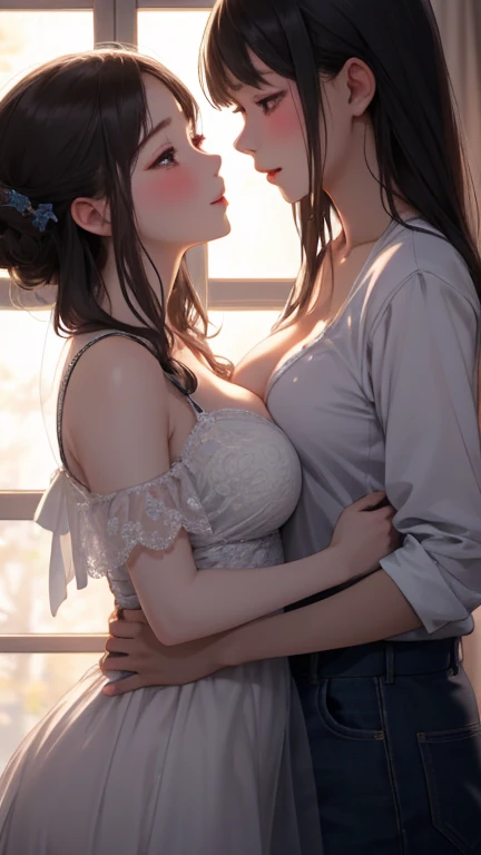 8k, 美しく成熟したTwo Women, Two Women, 55-year-old Japanese woman, Married women, ring, Fine Lines, Long eyelashes, Sparkling eyes, Bob Hair, Red lipstick, Large Breasts, Cleavage, Pearl Necklace, (Wearing panties), (Sheer beige panties), Wet Panties, stockings, functional, Browsing Caution, Lesbian, Sex, Hug from behind, Deep Kiss