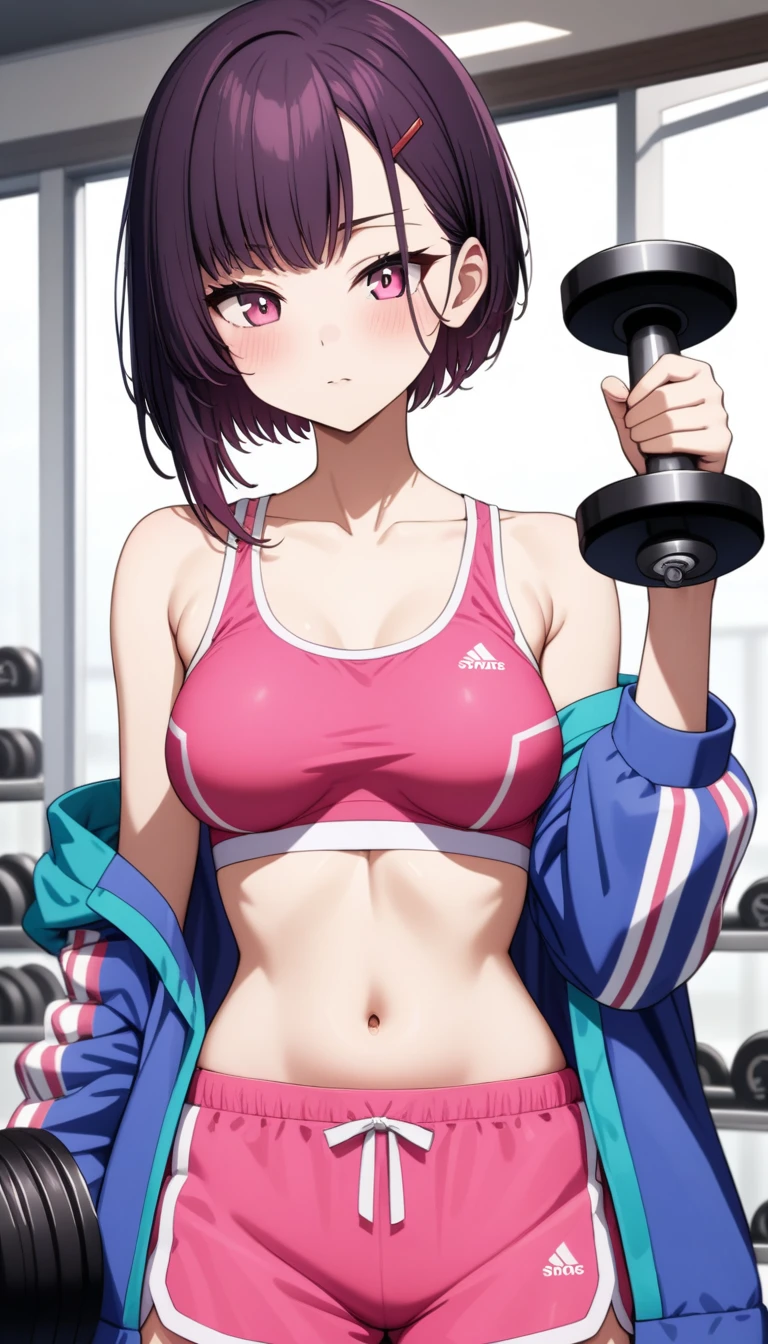 (masterpiece, Highest quality, so beautiful, Super detailed), Intricate details, One girl, Shizukazomu, short hair, Dark purple hair, bangs, hair ornaments, Hair Clip, Pink Eyes, White Eyes, Medium breast, clavicle, Blue jacket, off shoulder, Sporting goods, belly button, abdomen, pink tops, Pink shorts, indoor, gym, (arm curl:1.5), (holding dumbbell:1.5), detailed beautiful, close-up shot of face