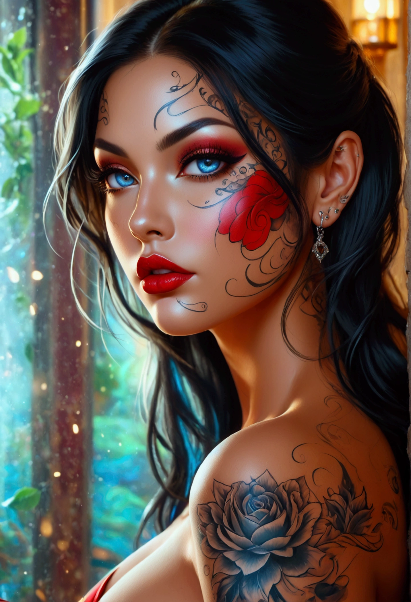 beautiful digital artwork, beautiful digital art, detailed beautiful face, 8k high quality oled detailed art, very beautiful digital art, digital art. highly detailed, beautiful detailed body, Create a hyper detailed photograph of a perfectly simetrical tattooed curved drop dead gorgeous Jessica, Stunningly perfect gorgeous feminine face, bold, dramatic eyes, bold Eye Makeup, dramatic eyes, smudging layering and blending to dramatic, detailed vibrant neon sapphire eyes, very long hair, Focus on Skin A smooth even base is essential Makeup primers foundations and concealers Highlighting and Contouring to achieve a flawless canvas natural-looking, radiant glow, Gentle facial curves, Fuller cheek bones, Smaller and wider-set eyes, Less pronounced jawline, Symmetry perfection Proportion facial features, sexual curved heart shaped mouth, long beautiful tattooed legs, beautiful tattooed arms, perfect feminine curved body figure, detailed silky smooth skin, gigantic huge breasts, perfect heart shaped ass, beautiful long tattooed legs, flat stomach, long toned legs, Wearing chain red satin dress Jewels, facing backwards looking forward.